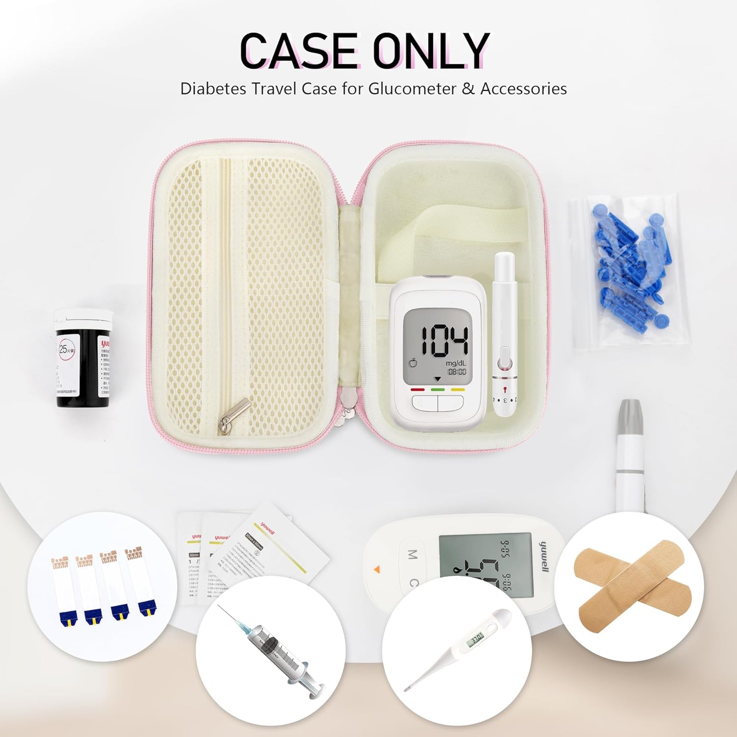 Diabetes-Versorgungskoffer, Blutzuckermessgerät-Tasche, tragbare Box zur Aufbewahrung von Teststreifen, Blutentnahmenadeln und anderen Gegenständen, Reisetasche für Glukosemessgerät, Pink, M, einfach – Bild 2
