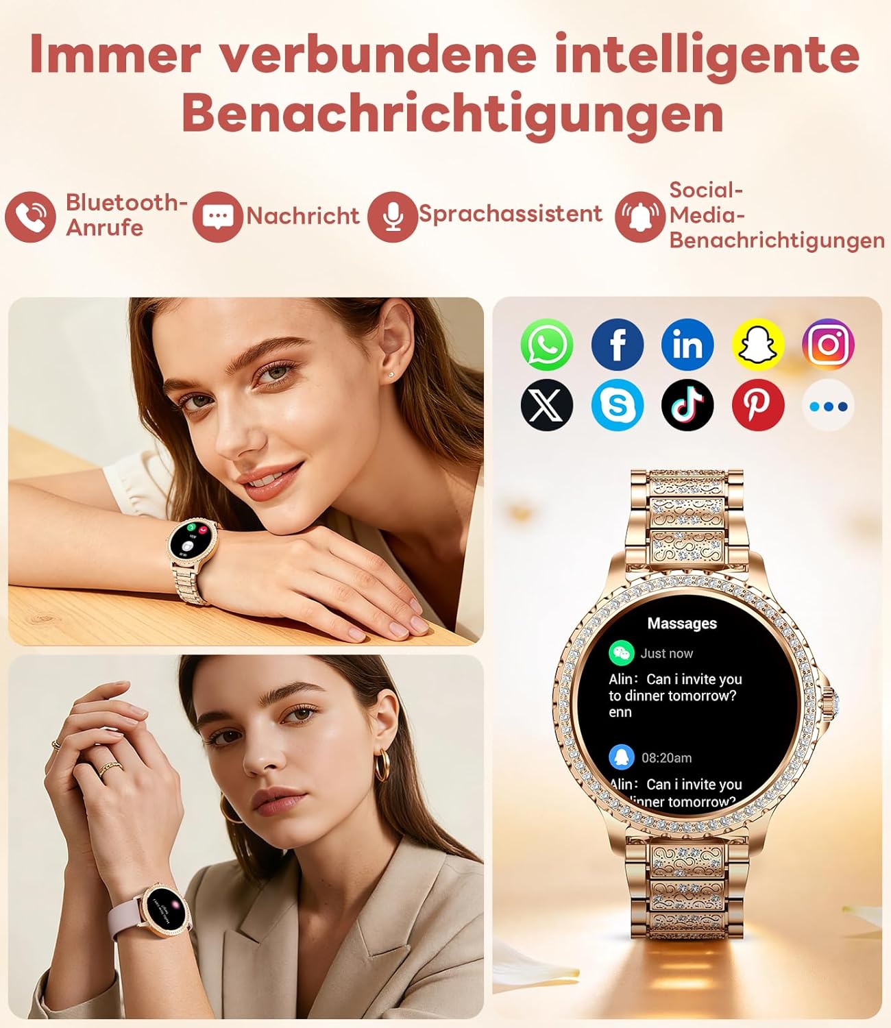 Damen-Smartwatch mit Telefonfunktion, 1,32-Zoll-Uhr mit Diamanten, Fitnessuhr für Android iOS, Menstruationszyklus/Herzfrequenz/Schrittzähler, 500+ Zifferblätter, 2 Armbänder, Roségold – Bild 4