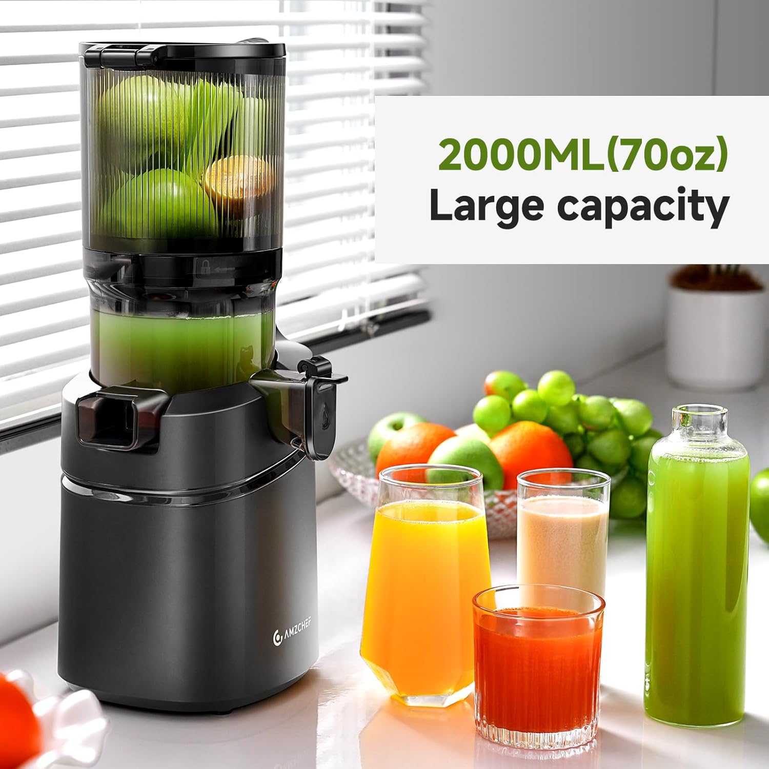 AMZCHEF 250W Automatischer All-In-One Entsafter, 145mm Öffnung und 1,8L Kaltpresse für Gemüse und Obst, Entsafter Slow Juicer Testsieger mit Dreifachfilter - Schwarz – Bild 3