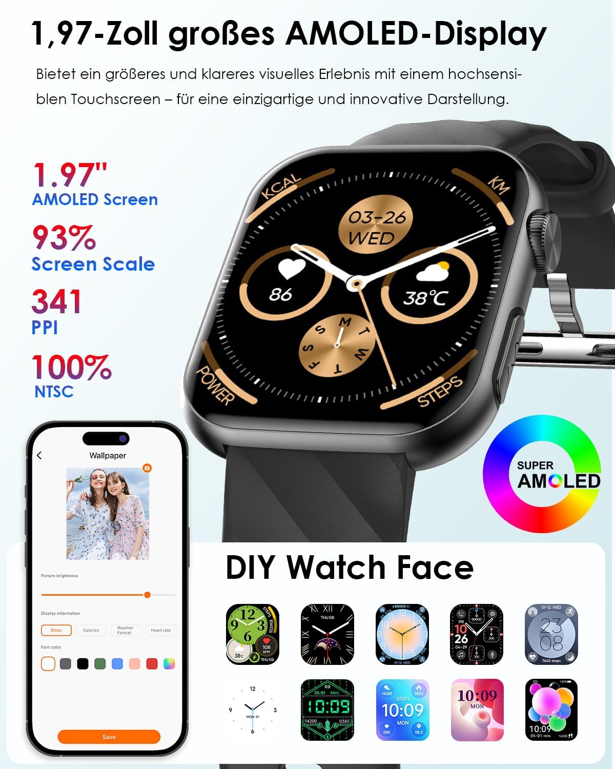 2026 Neu Smartwatch EKG+HRV/BMI/Harnsäure/ΒΙυtzυcker Herren Damen, 1.97'' AMOLED Gesundheitsuhr mit Bluetooth Anrufe, 24H Blutdruck/Herzfrequenz/Schlafmonitor, SOS-Notruf Fitnessuhr für Android iOS – Bild 6