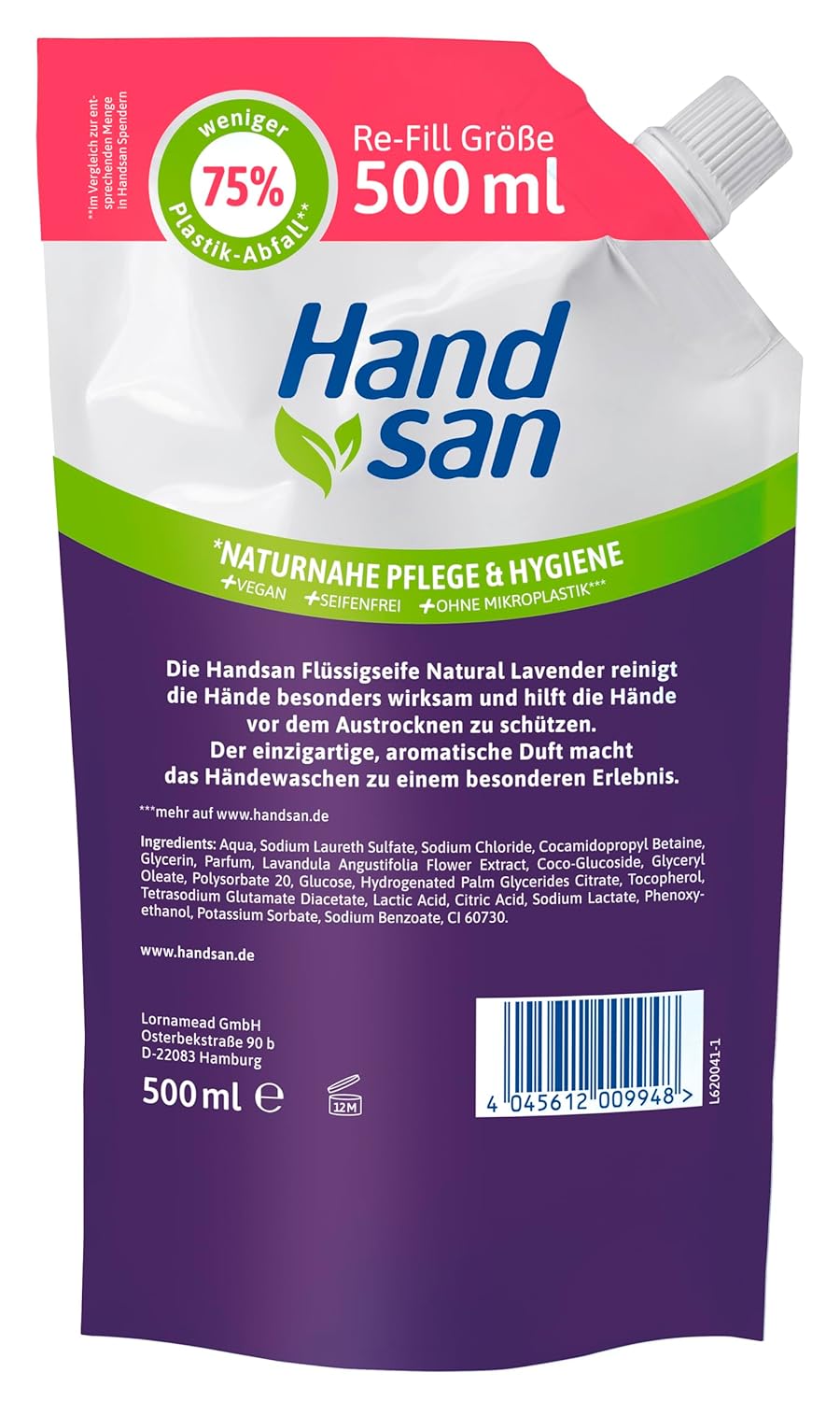 Hand San Flüssigseife Natur Lavendel im Nachfüllbeutel mit natürlichem Lavendelöl, Handwasch- & Gesichtsreinigungsformulierung ohne Mikroplastik, pH-hautneutral & vegan, 500 ml – Bild 2