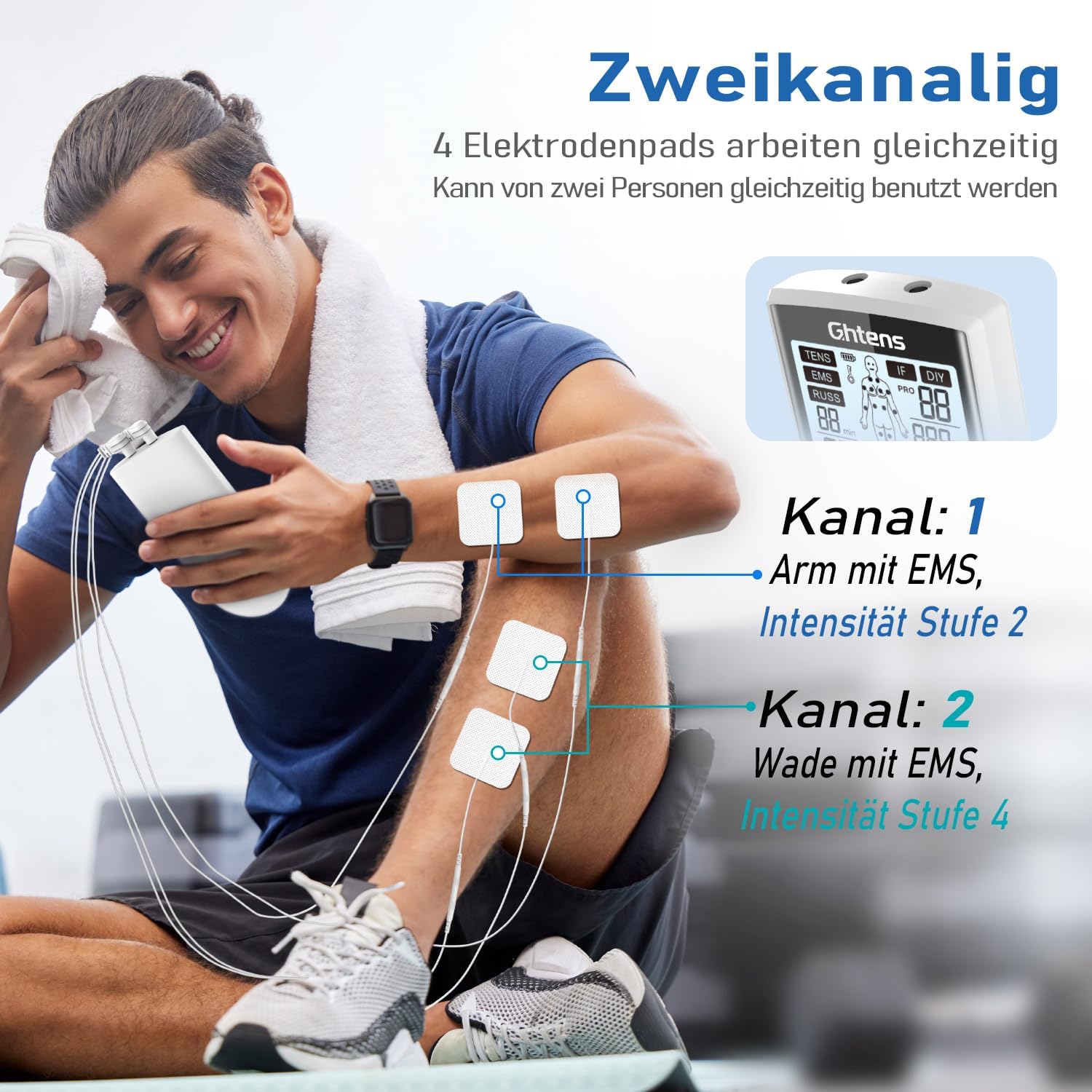 GHTENS TENS-Gerät Schmerztherapie, 5-in-1 Reizstromgerät (TENS/EMS/IF/RUSS/DIY) zur Schmerzlinderung durch elektrische Nervenstimulation, mit 80 Massageprogrammen, 2 Kanälen und 8 Elektrodenpads – Bild 5
