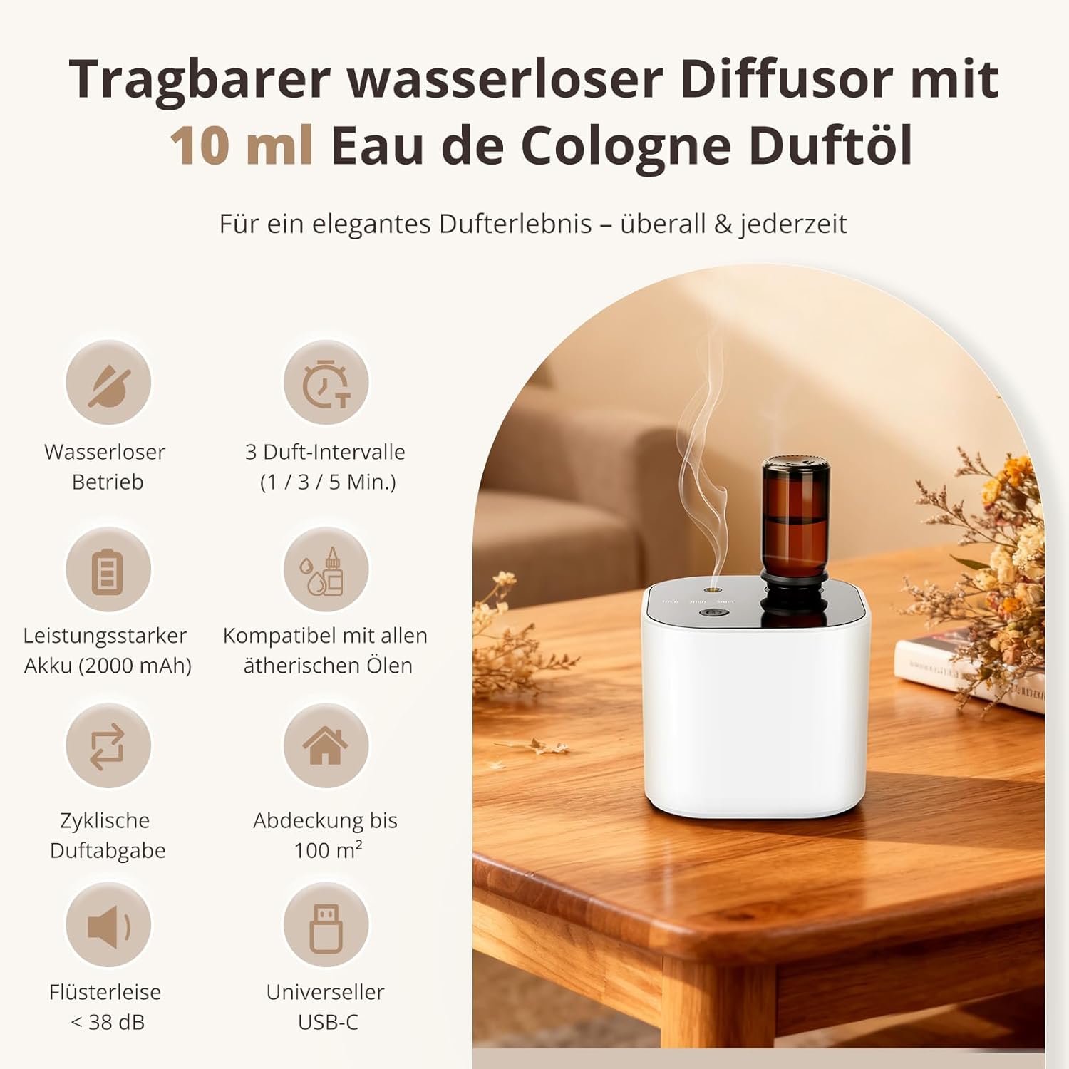 Kabelloser wasserloser Diffusor für ätherische Öle – Aromatherapie-Diffusor mit 10 ml weißem Teeöl und 3 Sprühmodi, leiser Ultraschall-Kaltluft, 2000-mAh-Akku und USB-C für Zuhause, Büro, Auto, Yoga (weiß) – Bild 2