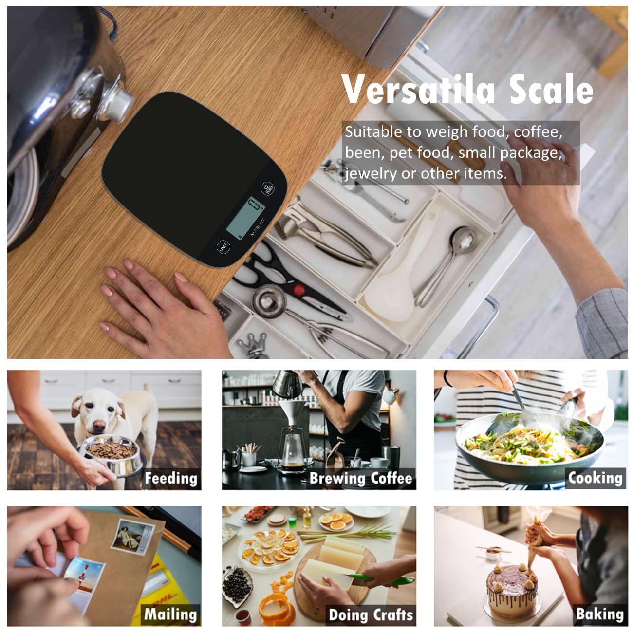 NUTRI FIT Digitale Küchenwaage, ultradünn, elektronische Multifunktions-Küchenwaage, großes Display, Kunststoffplattform, 5 kg, Schwarz – Bild 7