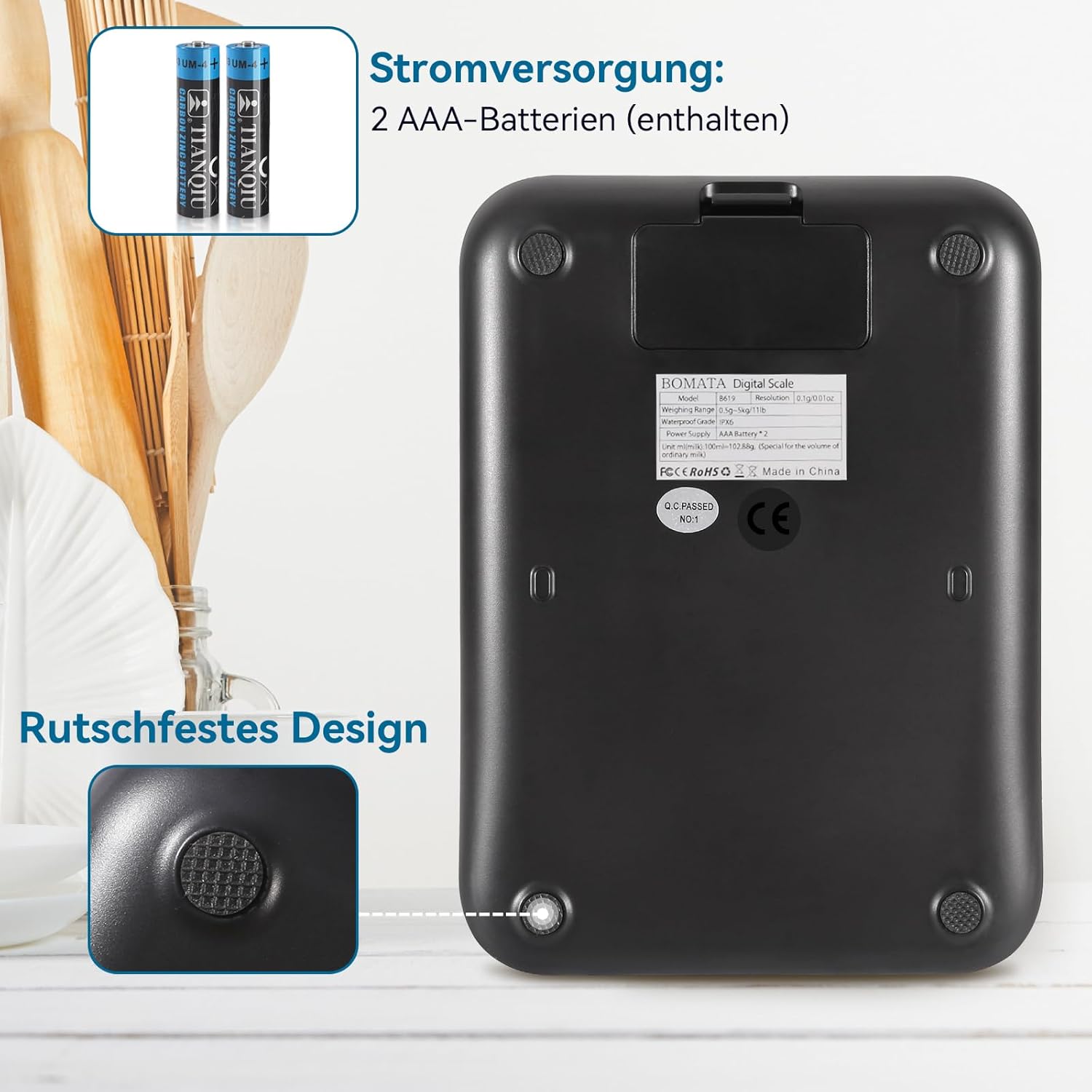 BOMATA Wasserdichte IPX6-Küchenwaage, 0,1 g hohe Präzision, 5 kg, digitale Waage mit Hintergrundbeleuchtung, Wiegeplattform aus Edelstahl, geeignet für Lebensmittel, Kochen, Backen usw. B619 Schwarz – Bild 6