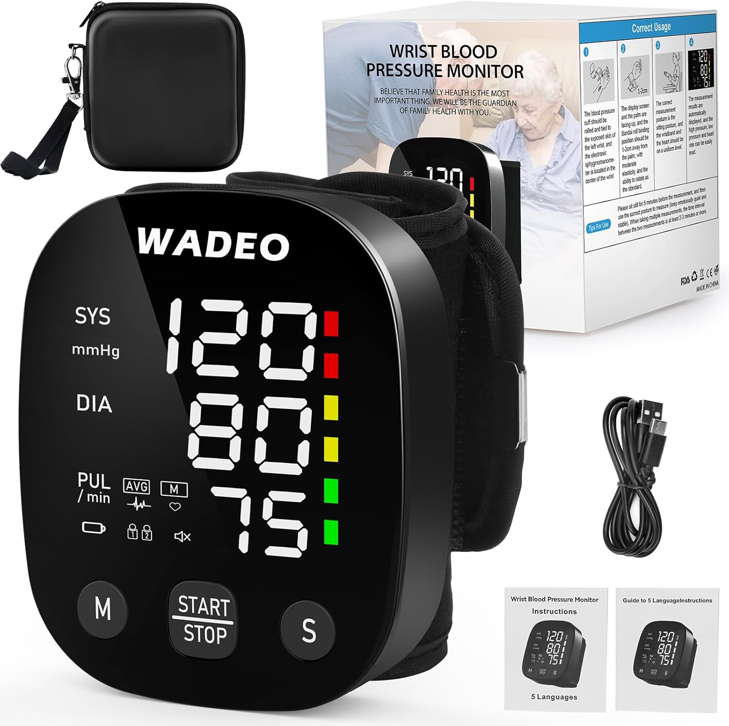 WADEO Digitales Handgelenk-Blutdruckmessgerät mit LCD-Display, Sprachansagefunktion, präzise Messung, 2 x 99 Speicher, tragbares Blutdruckmessgerät mit Arrhythmie-Erkennung für zu Hause oder auf Reisen
