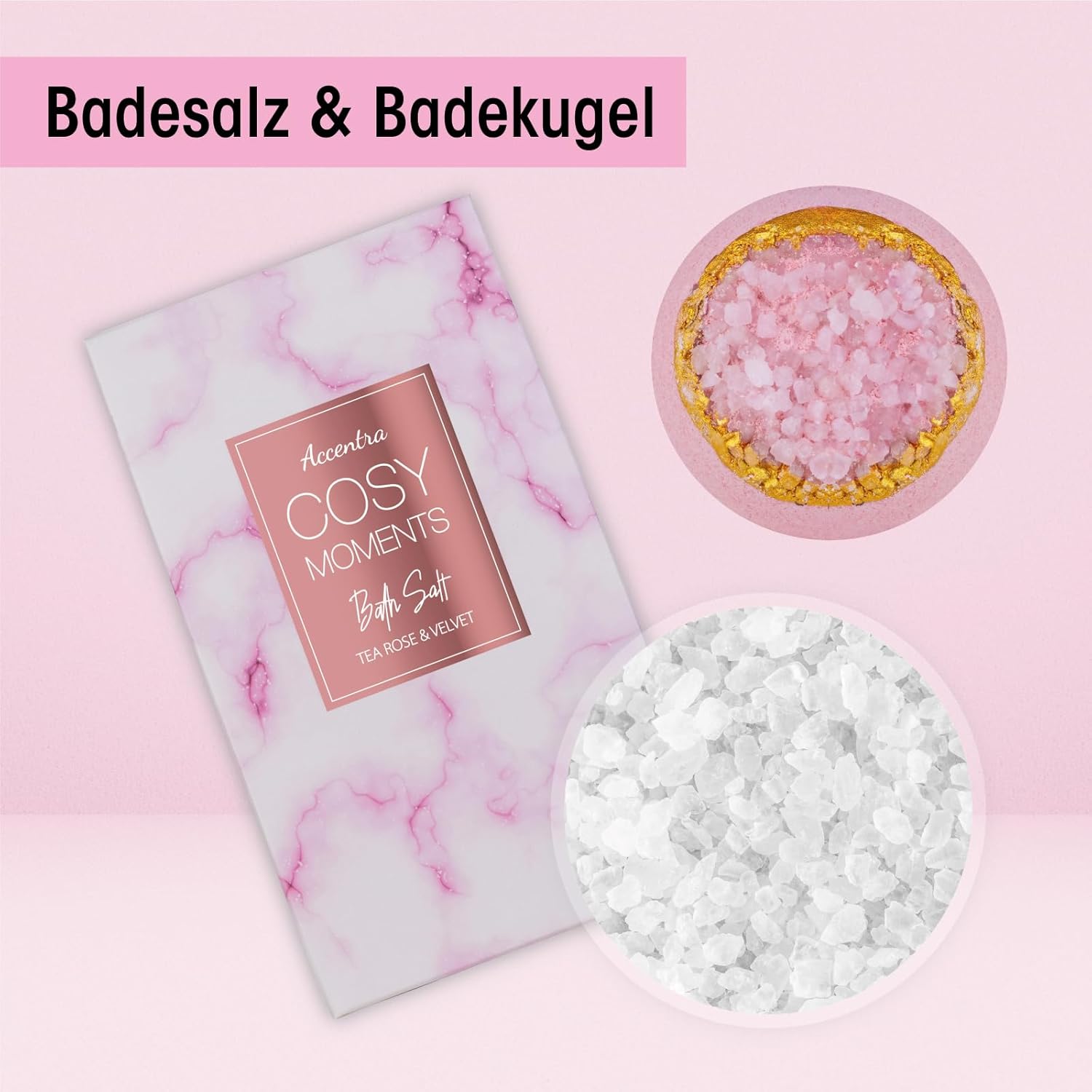 Accentra Cozy Moments Badeset, Geschenkset für Frauen mit 150 ml Duschgel, 150 ml Schaumbad, 150 g Badesalz, 90 g Badebombe, 60 ml Handcreme, 30 g Seife und 15 g Netzschwamm in glänzender Badewanne – Bild 7
