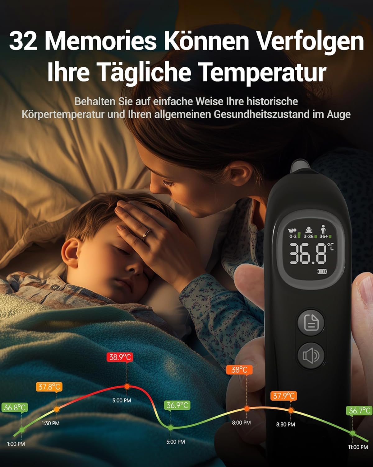 Hochpräzises Ohrthermometer für Kinder und Erwachsene – 1-Sekunden-Messung, intelligente Altersbereichs-Temperaturanzeige, 32 Speicherfunktionen, Stummschaltung, inklusive 21 Einweg-Schutzkappen – Bild 6