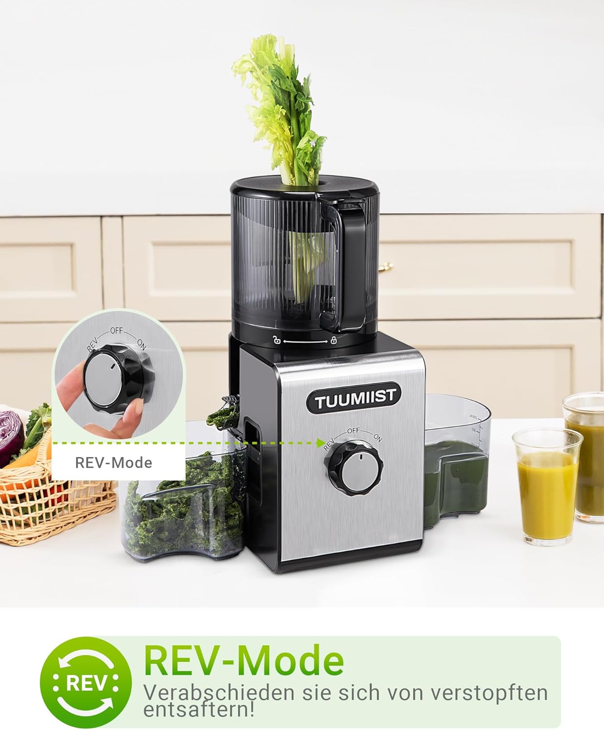 TUUMIIST Slow Juicer mit 150 mm extra großem Einfüllschacht, Entsafter Gemüse und Obst, Testsieger, anwendbarer Entsafter für ganzes Obst und Gemüse, BPA-frei, glänzendes Schwarz – Bild 10