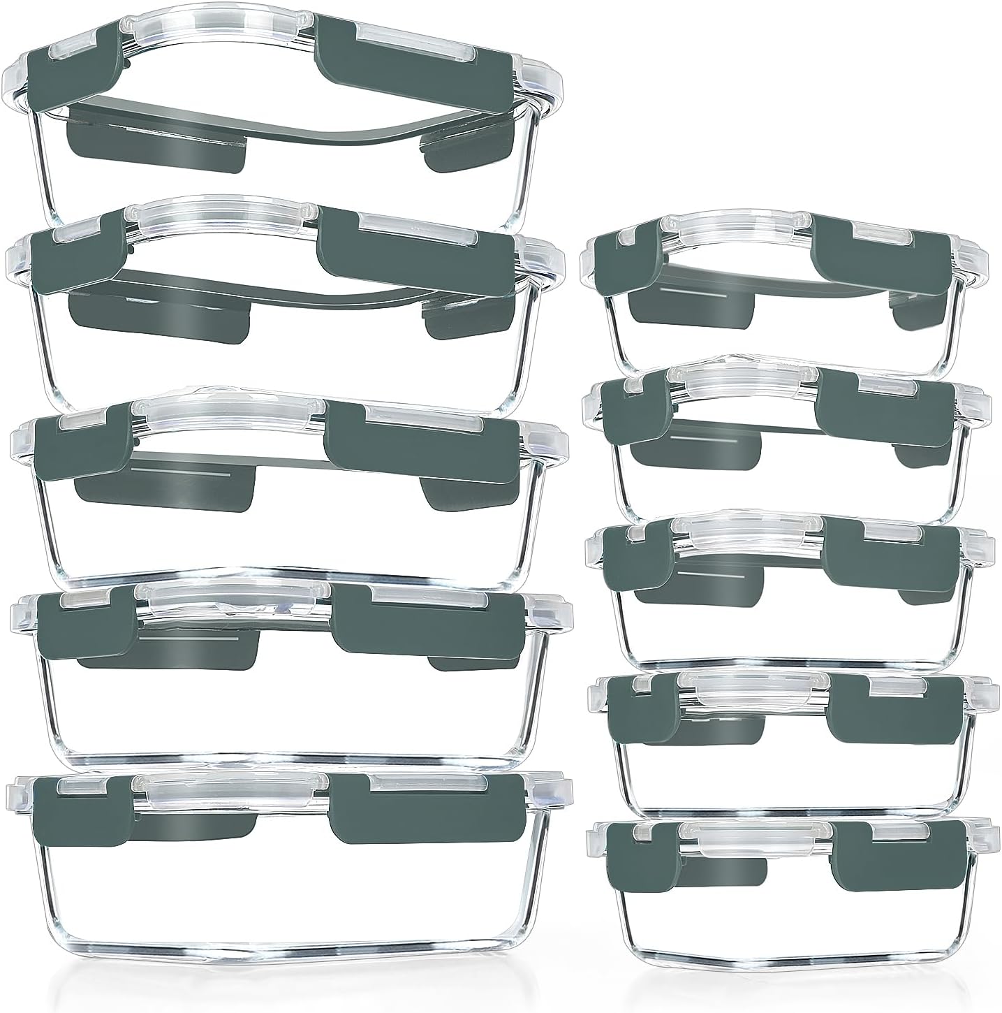 VERONES 10-teiliges Crisper-Set aus Glas, luftdichte Lunchbehälter aus Glas, versiegelte und stapelbare Glasbehälter mit Deckel, Gefrierschrank und Spülmaschine, Grau