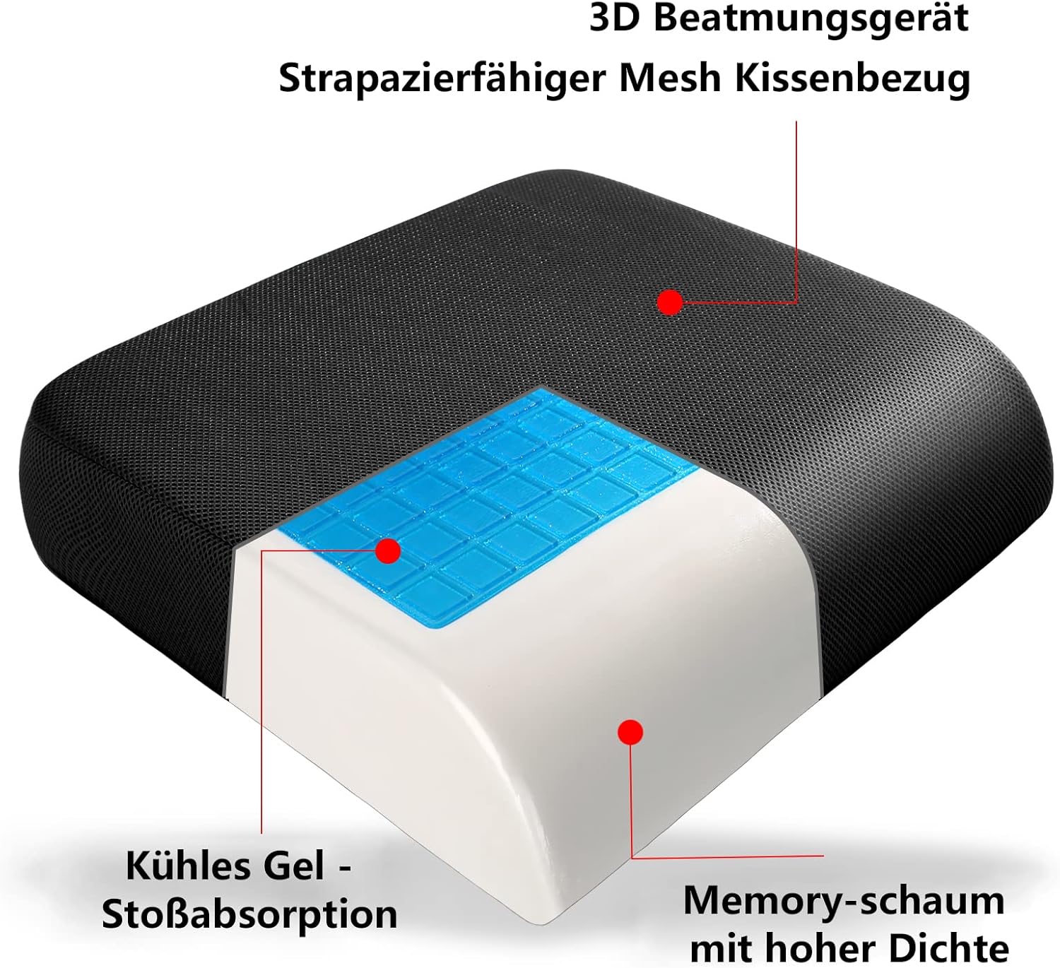 YOUFI Großes Sitzkissen, 10,5 cm, dicker Memory-Schaum für Bürostuhl, mit Kühlgel für Ischias, Steißbein, Rücken, dickes Kissen, 48 x 45 x 10,5 cm (schwarz) – Bild 3