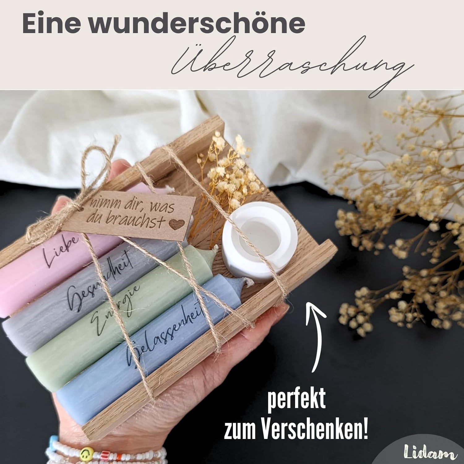Kerzen-Geschenkset | Nehmen Sie, was Sie brauchen | Kerzenhalter & Trockenblumen – Stilvolle Geschenke für Frauen, Freundin, Geschenke für Mama, Lieblingsmensch, Geschenkset Frauen – Bild 4