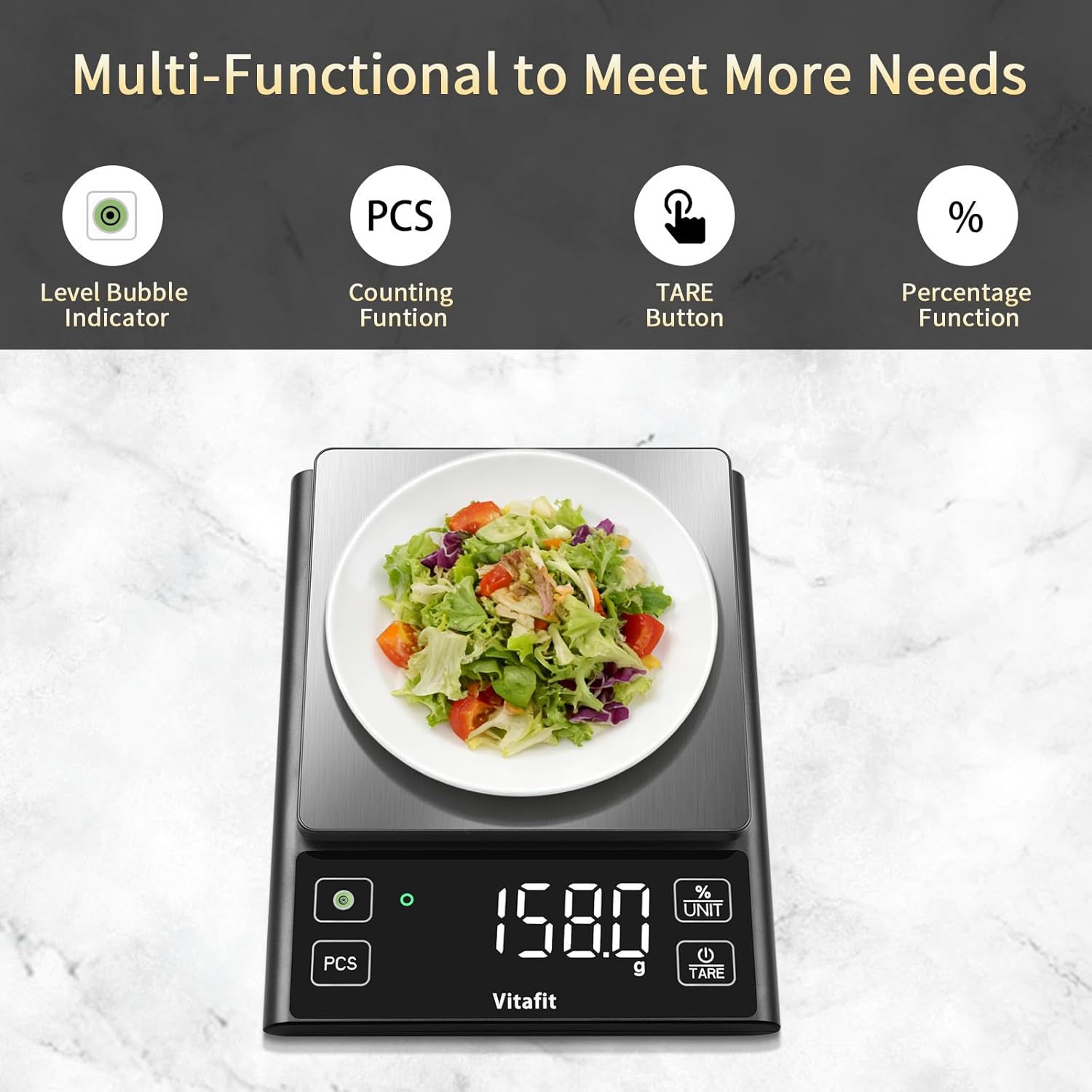 Vitafit 5kg Küchenwaage Digital, Hohe Genauigkeit 0,1g durch Unser Professionelle Fabrik Seit 2001, Waage Küche mit Prozentfunktion für Kochen/Backen/Kaffee, Edelstahlplattform, Großes LED, Schwarz – Bild 6