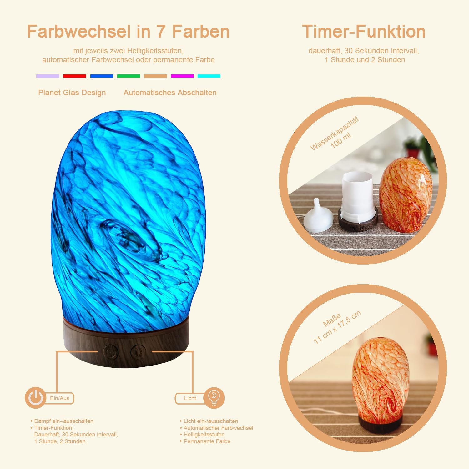 Aromadiffusor Glas 100 ml, leiser Ultraschall, Farbwechsel 7 LED-Farben, Timer & Abschaltautomatik, Ölbrenner mit Planetenmuster, BPA-frei – Bild 3
