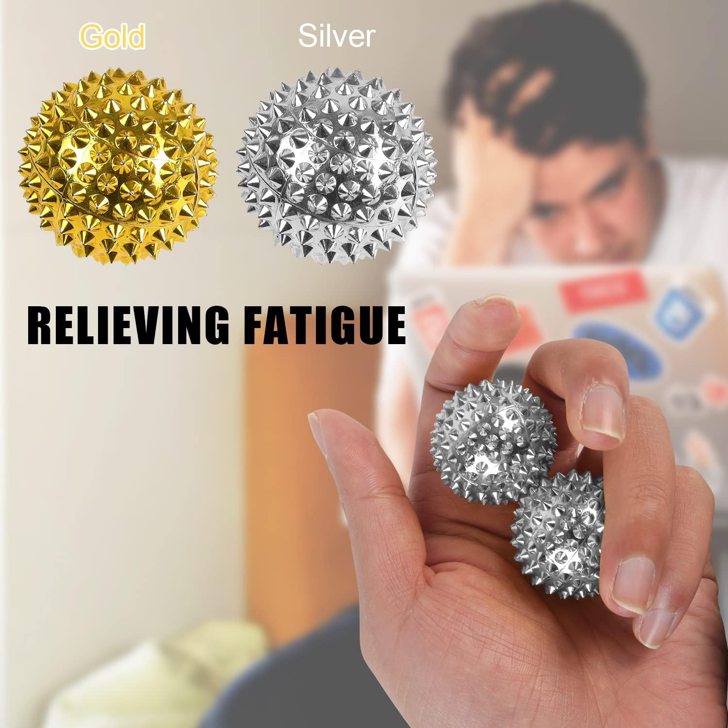 2 Stück magnetische Akupressurbälle & 3 Stück Massageringe für Finger-Igelball-Massage, klein, 32 mm Durchmesser, Fähigkeiten-Borderline-Set für Stressabbau oder Massage (Silber) – Bild 6