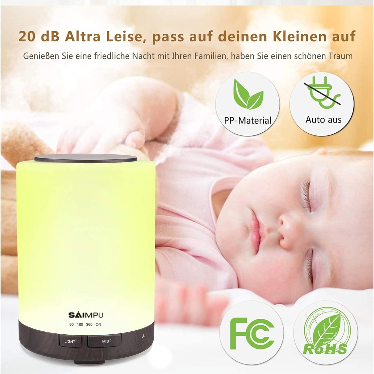 Aromadiffusor, 300 ml, leiser Ultraschall-Luftbefeuchter, Duftöl-Diffusor, Timer & wasserlose automatische Abschaltung, 7 Farben LED, Aromatherapie-Düfte-Luftbefeuchter für Zimmer, Büro, Yoga, Spa usw – Bild 5