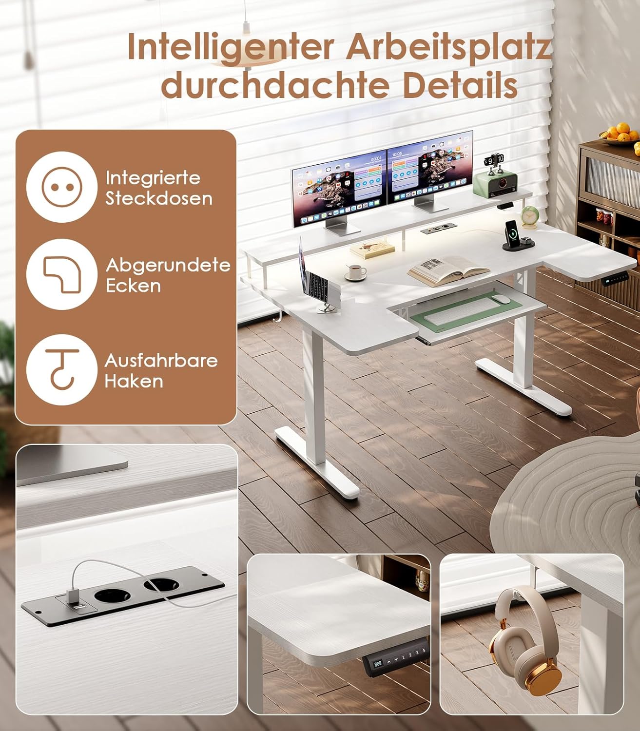 OffiGo U-förmiger höhenverstellbarer Schreibtisch, 140 cm elektrischer Stehsitztisch mit Monitorständer, Steckdosen & USB-Ladeanschluss, Stehpult mit LED, Home-Office-Computertisch, Weiß – Bild 7