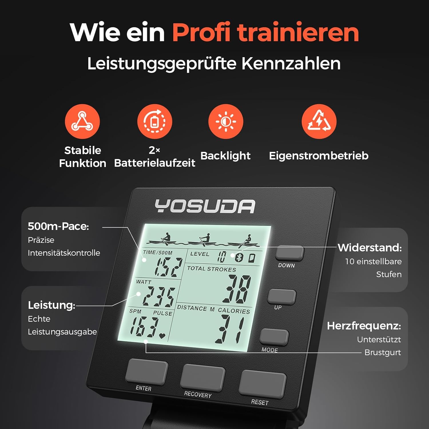YOSUDA R2 Luft-Rudergerät für zu Hause, faltbar, selbstbetriebenes Display, 10 Widerstandsstufen, lange Schiene, 4-Wege-Display, Bluetooth und App, für große Benutzer, Luftwiderstand, Rudergerät – Bild 3