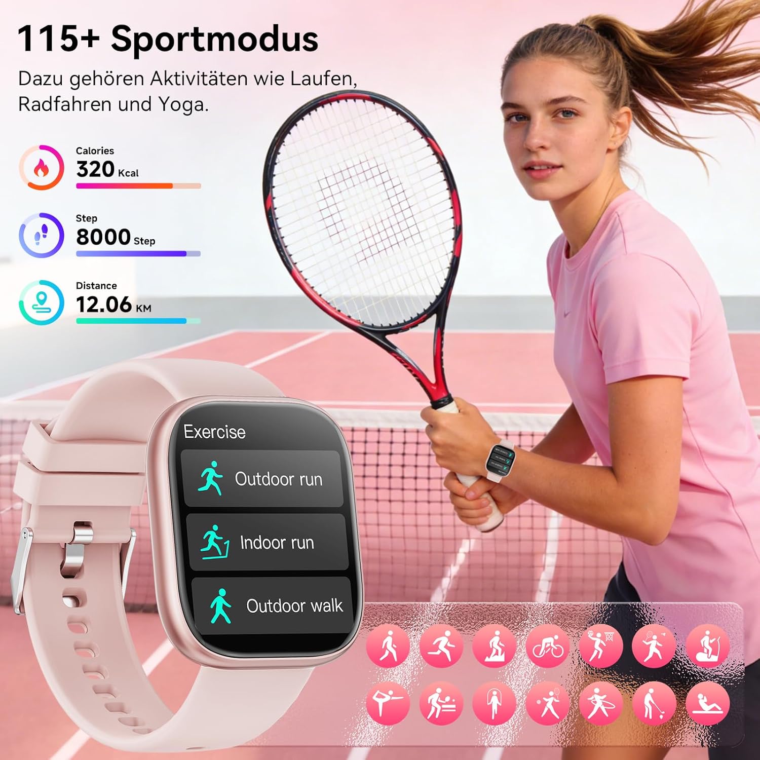 Smartwatch Damen Herren mit 7 Armbändern & Geschenkbox, 1.83" HD Smartwatch mit Bluetooth-Anruf, Fitness Tracker mit SpO2, Pulsmesser, Schlafmonitor, Schrittzähler, IP68 Wasserdicht, 100+ Sportmodi – Bild 5