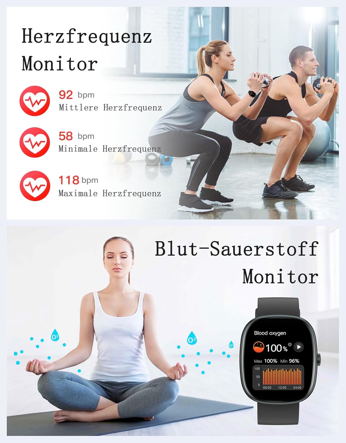 Smartwatch Damen Herren mit Telefonfunktion, 1,85 Zoll Smartwatch mit SpO2/Herzfrequenz/Schlafmonitor/Schrittzähler 100+ Sportmodi, IP68 wasserdichte Fitnessuhr Whatsapp Notify für Android iOS Handy – Bild 4