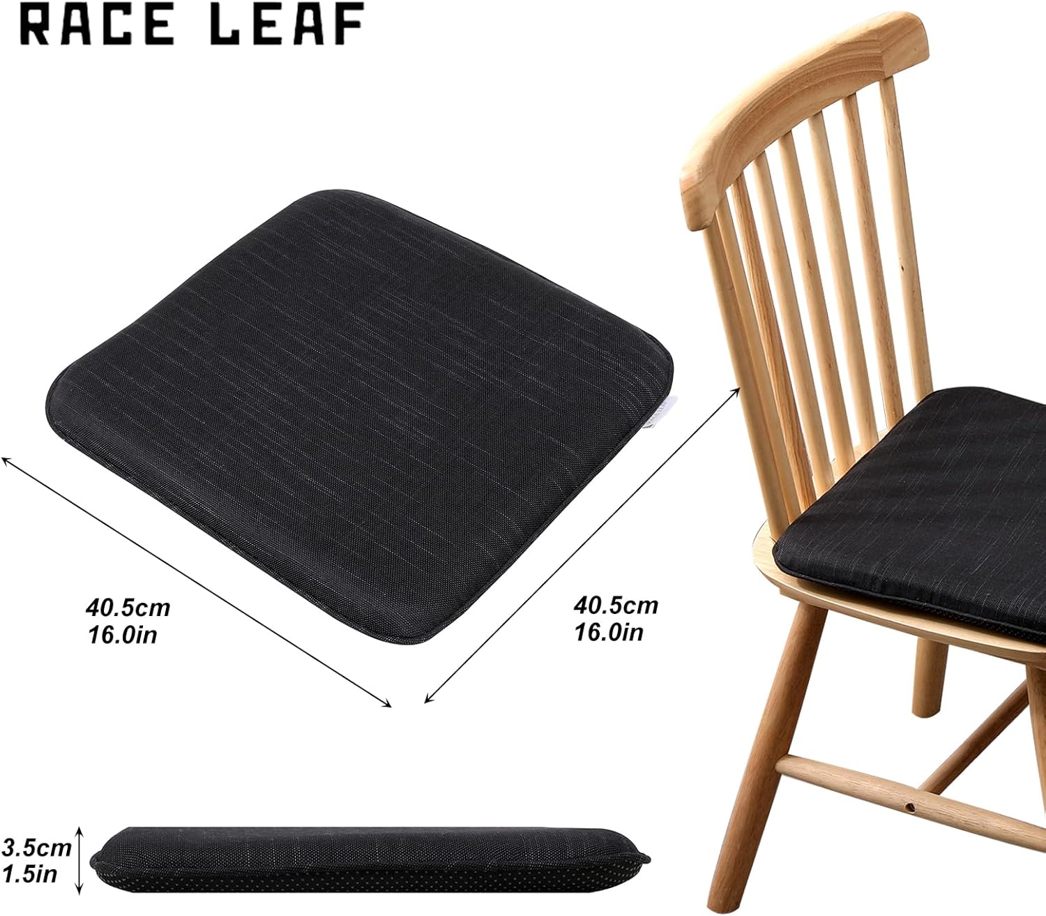 RACE LEAF 2er-Set 40,5 x 40,5 cm Memory-Schaum-Sitzkissen mit langsamer Rückfederung, Innen- und Haushaltssitzkissen, wasserdichte Oberfläche und rutschfeste Unterseite, Schwarz (Schwarz) – Bild 2