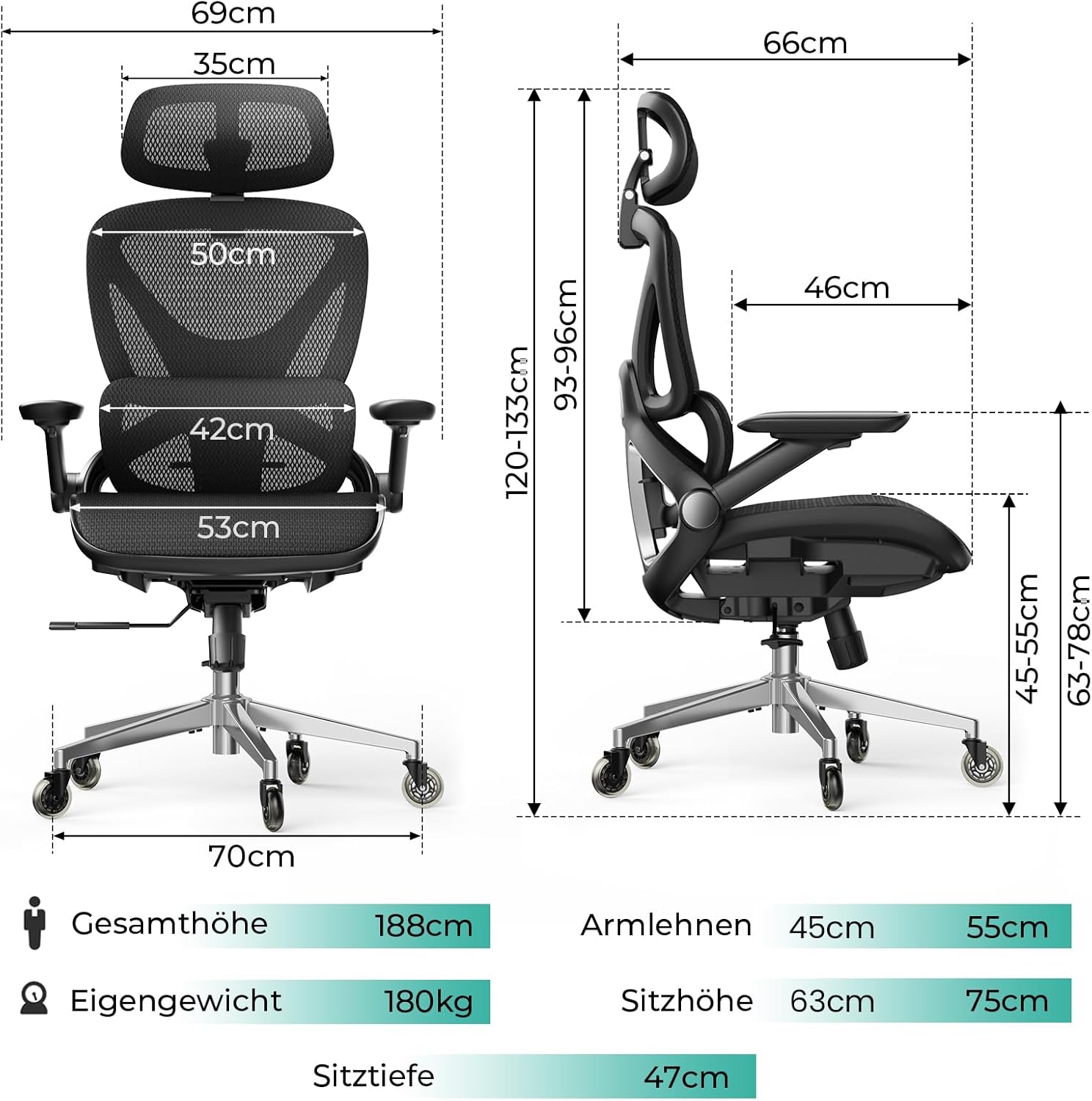 CAPOT Ergonomischer Bürostuhl aus Netzstoff, verstellbarer Schreibtischstuhl mit hoher Rückenlehne, 180 kg, 4D-Klapparme, 3-stufige neigbare Rückenlehne, 3D-Kopfstütze, PU-Räder, drehbarer Computerstuhl für – Bild 2