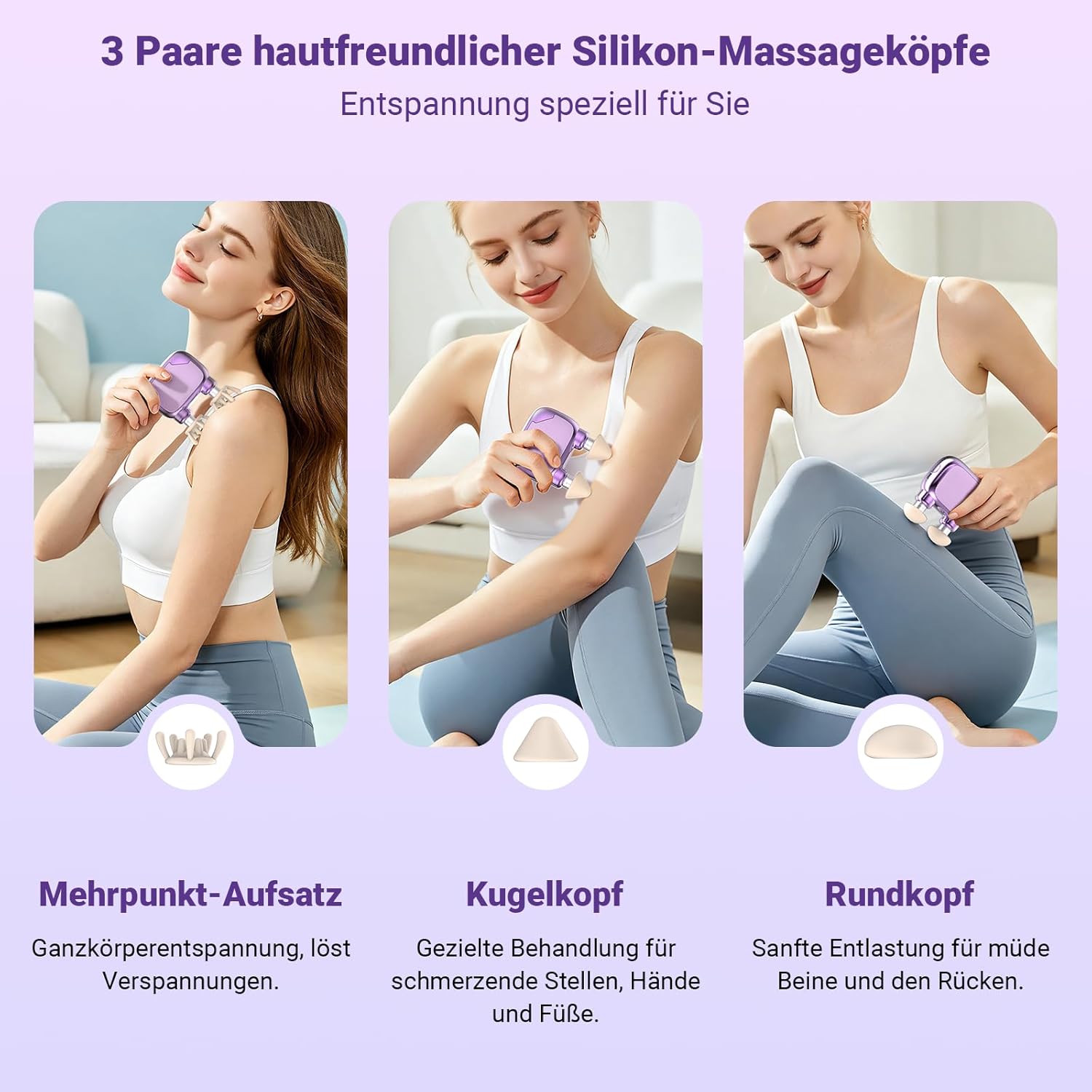Massagepistole Mini Dual Head – Leises Nacken-Massagegerät mit 9 mm Tiefengewebe-Massage, 3 Silikonaufsätzen, tragbare Mini-Massagepistole mit 3 Intensitätsstufen (Lavendel Lila) – Bild 5