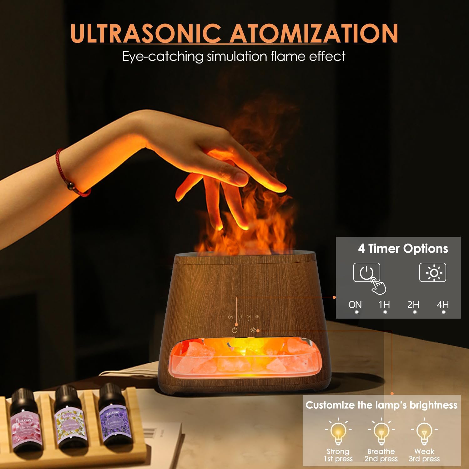 SALKING 2-in-1-Aromadiffusor & Salzreihe Pakistan Light, Flammeneffekt-Diffusor für ätherische Öle, Diffusor-Kühler-Nebel-Luftbefeuchter mit 3 Helligkeiten, 150 ml (Dunkles Holz) – Bild 4