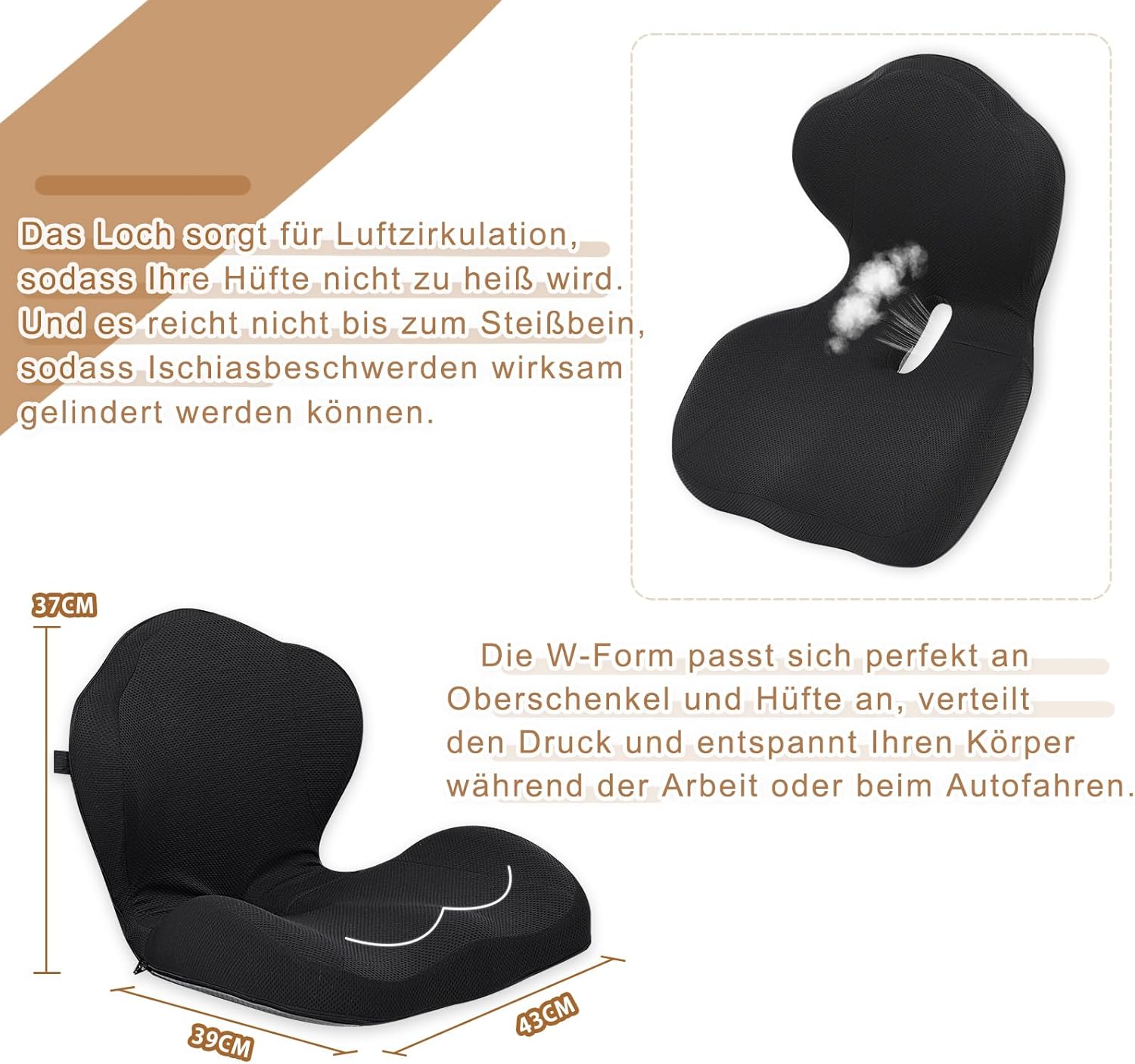 GOFORIT 2-in-1 Sitzkissen & Rückenstütze – Ergonomisches Set aus doppeltem Memory-Schaum, Lordosenstütze für Bürostuhl & Autositz, Druckentlastung am Steißbein, rutschfest & waschbar, (Schwarz) – Bild 4