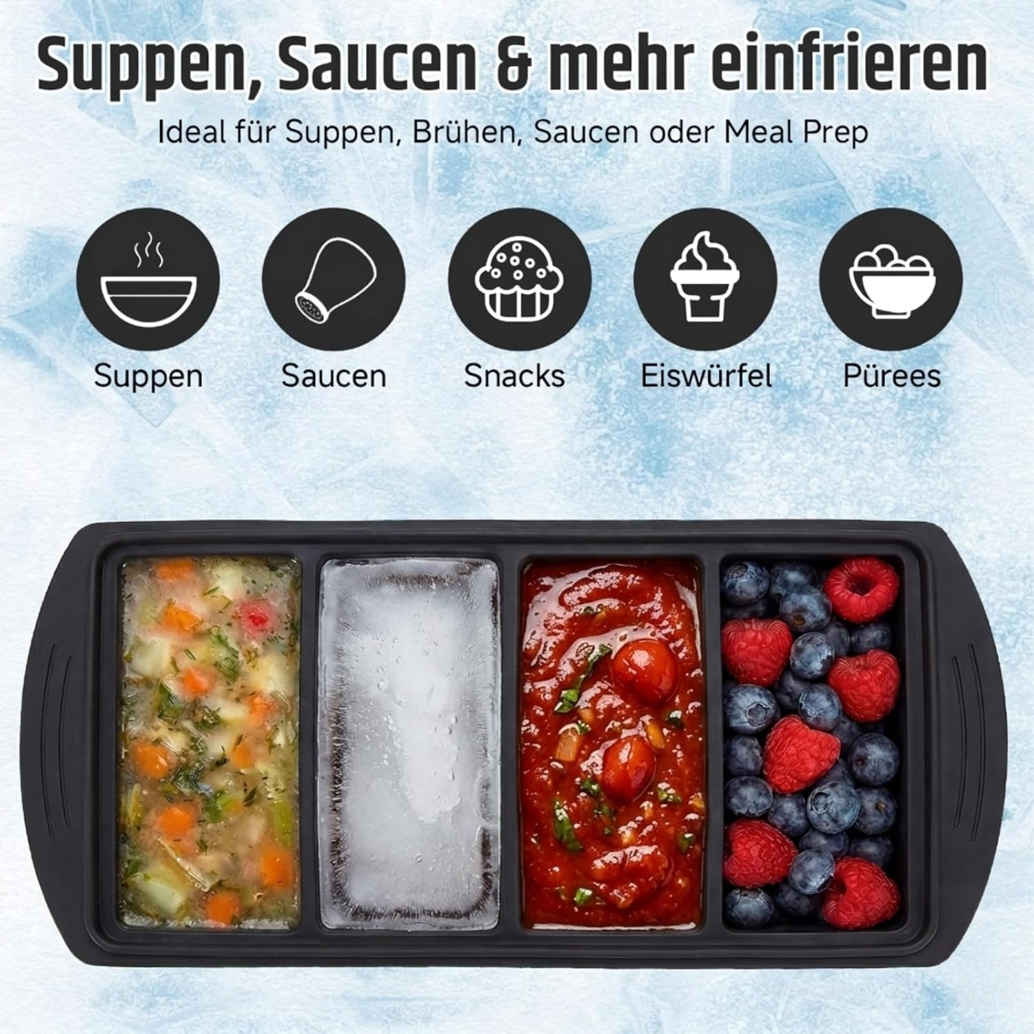 Silikon-Gefrierform mit Deckel-Set (2 + 4 Fächer) – Gefrierbehälter & Schaufel mit Skala 250–500 ml für Suppe, Saucen & Essenszubereitung, auch als Eiswürfelform verwendbar, BPA-frei, stapelbar (schwarz) – Bild 2