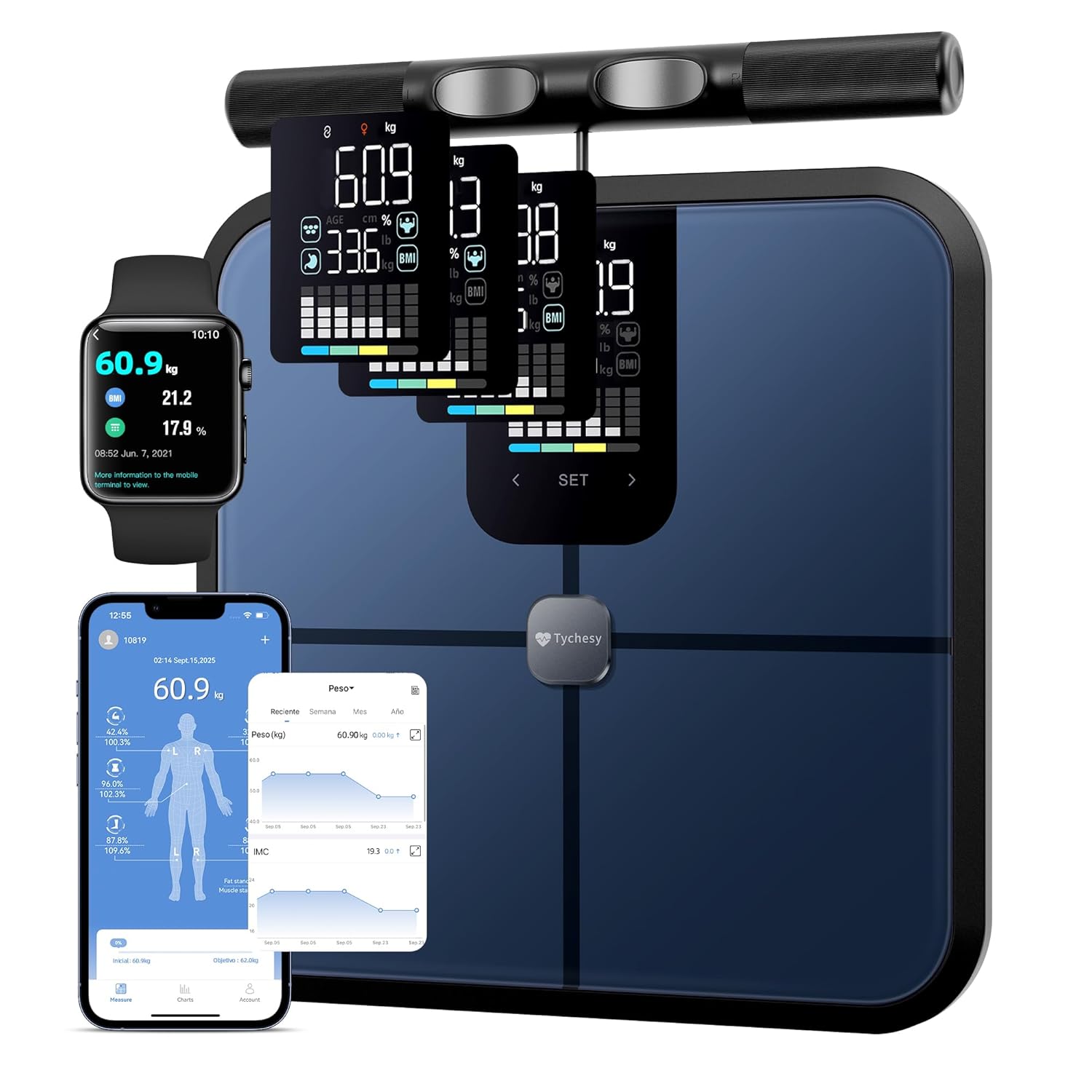 Körperfettwaage mit Handsensoren, digitale Personenwaage mit Körperfettanalyse, intelligente Waage mit 8 Elektroden für Körperfett und Muskelmasse, BMI, und 28 Körpermaßen, 180 kg