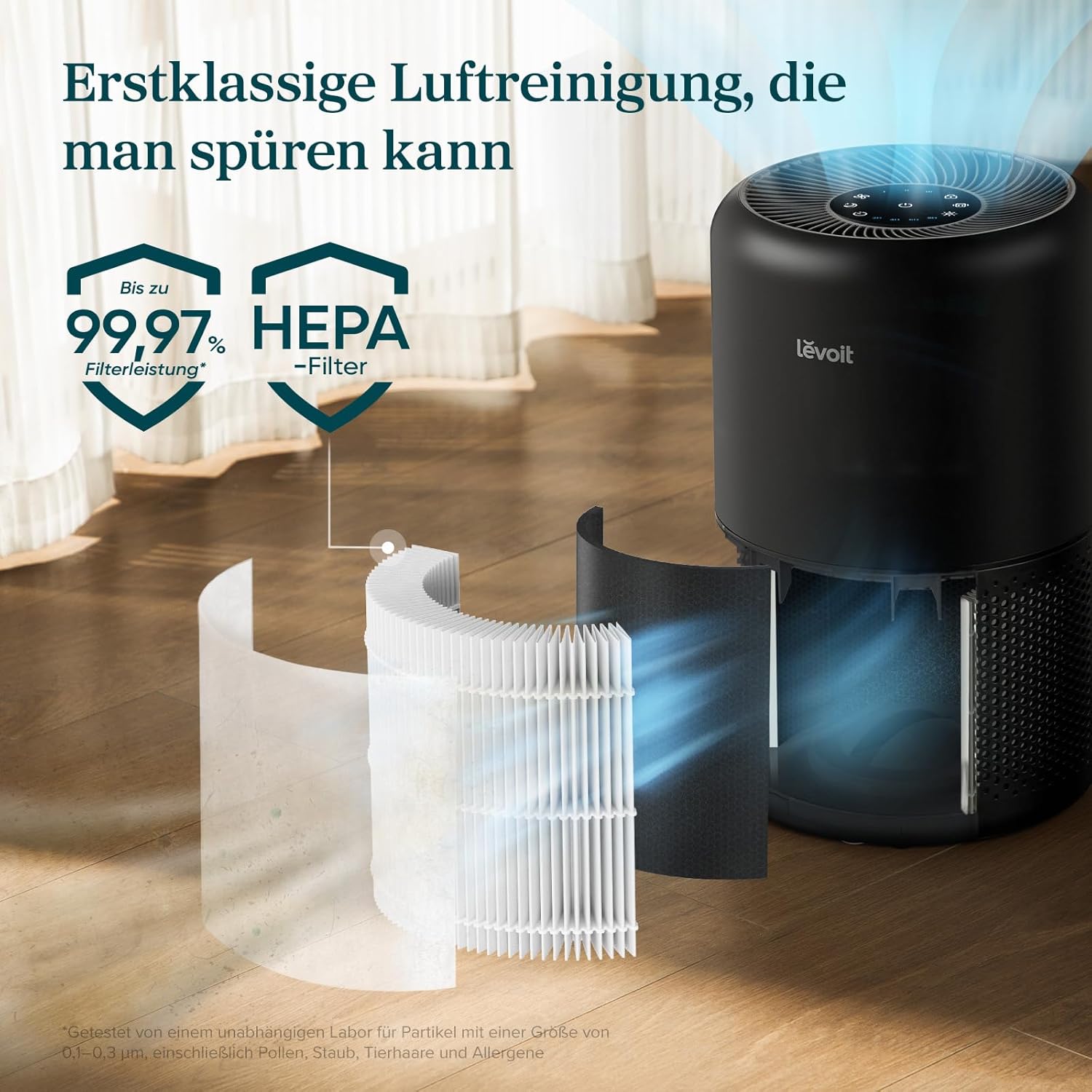 Levoit Luftreiniger mit HEPA-Luftfilter, CADR 258 m³/h für bis zu 54 ㎡ Raucherzimmer, 99,97 Prozent Schimmelstaub, Pollen, Tierhaare, Luftreiniger mit Luftqualitätsanzeige und Auto- und Schlafmodus, Schwarz – Bild 3