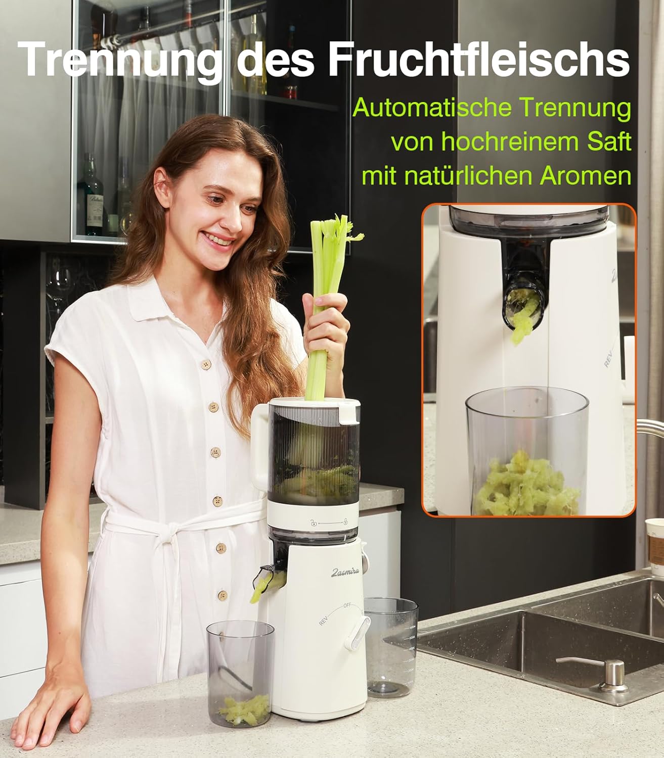 Slow Juicer, Zasmira Entsafter für Gemüse und Obst mit 120 mm breitem Einfüllschacht, hohe Saftausbeute für ganze Gemüse und Früchte, leicht zu reinigen, weiß – Bild 4