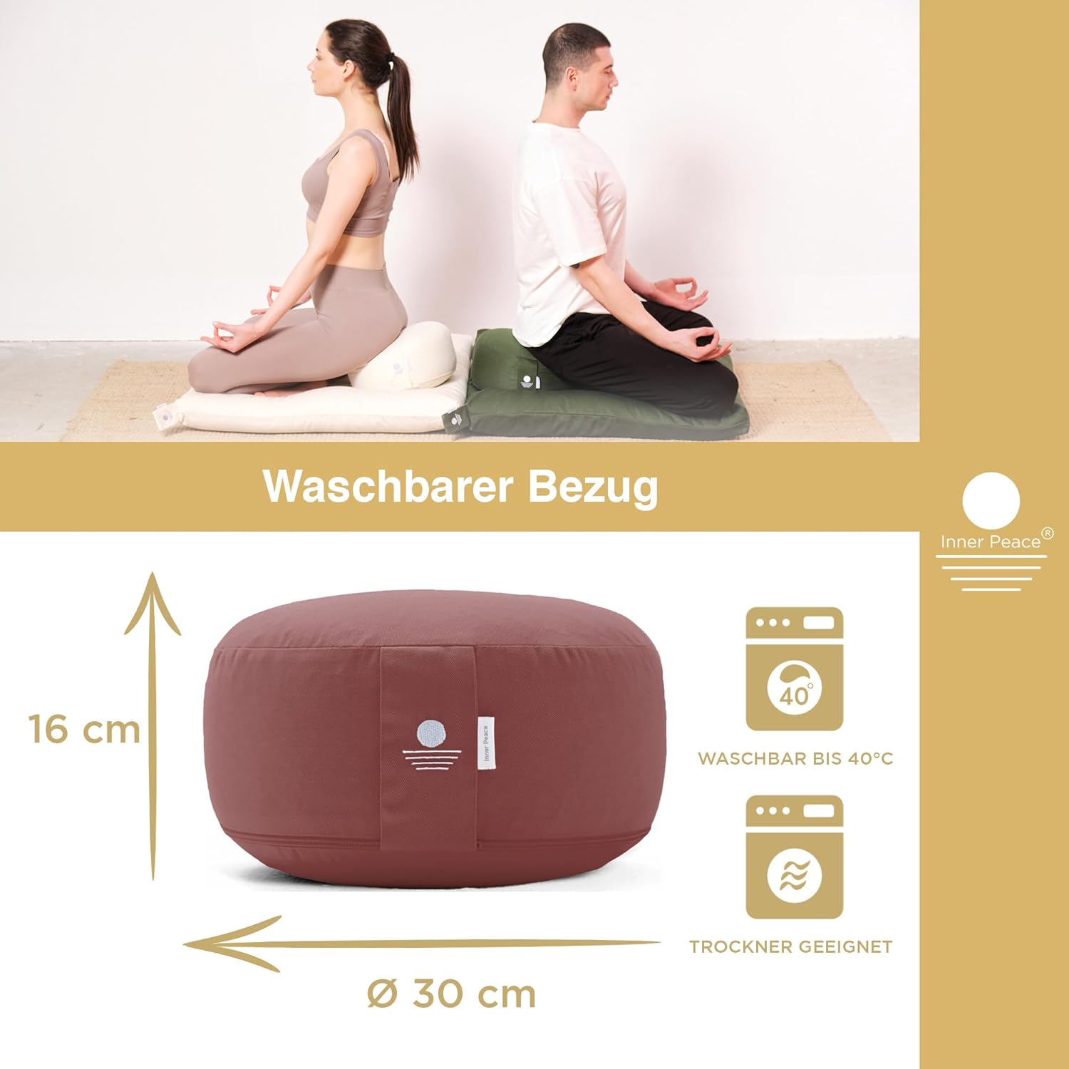 Inner Peace Yogakissen Meditationskissen aus 100 % Bio-Baumwolle und mit Bio-Dinkelspelzfüllung | Yogakissen Rundes Yoga-Sitzkissen, Yogakissen-Meditationskissen, Yoga-Meditationskissen – Bild 5