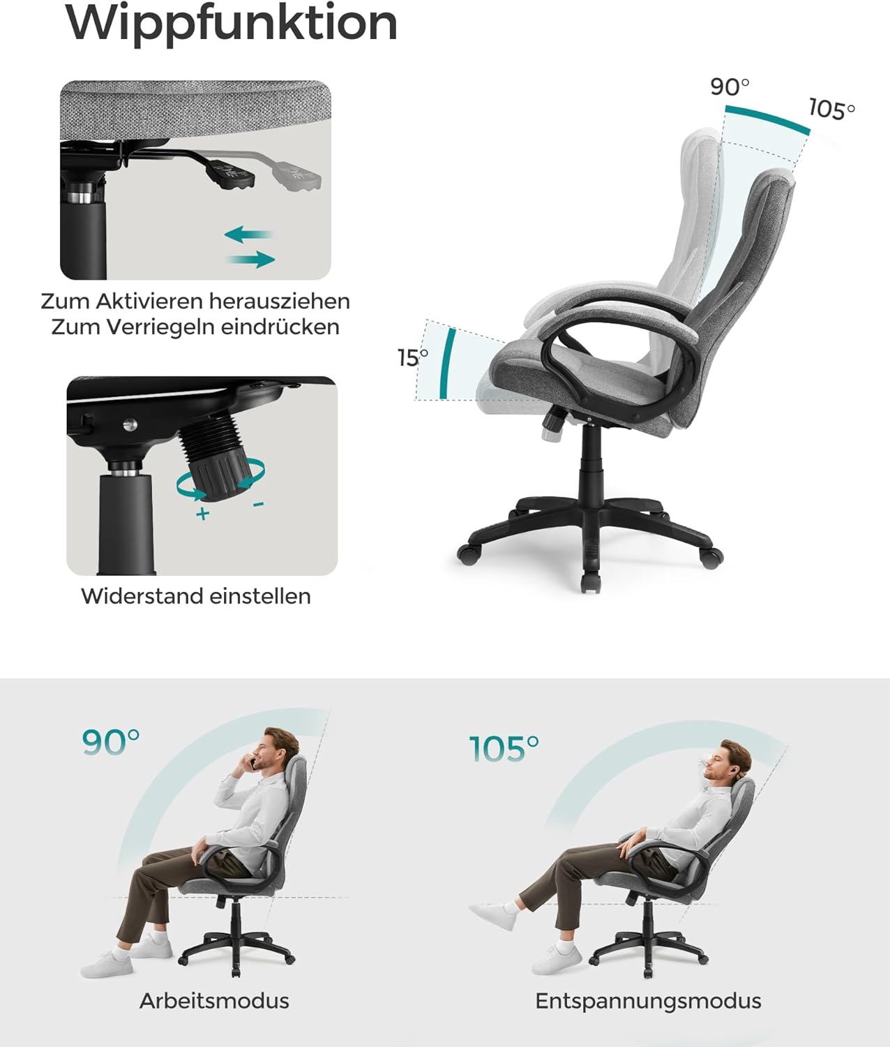 SONGMICS OBG022G01 Bürostuhl, Gaming-Stuhl, ergonomischer Chefsessel, drehbar und höhenverstellbar, Workstation, mit Rollen, Taubengrau OBG022G01, 7370 (112-122) cm – Bild 6