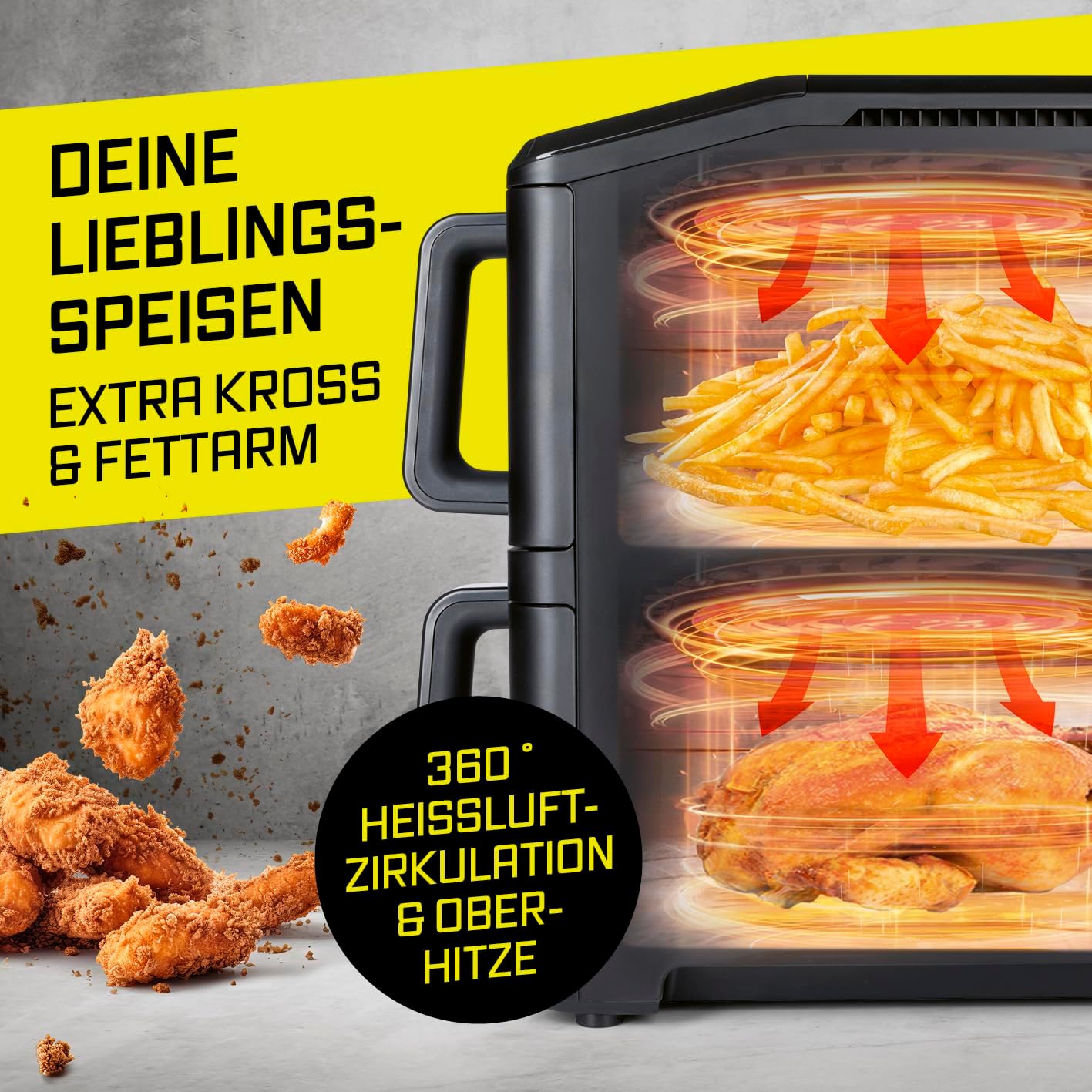 GOURMETmaxx FryUp Vertikale Doppelkammer-Heißluftfritteuse mit Sichtfenster – 10 l | Airfryer mit 9,8 Zoll mehrfarbigem LED-Touch-Display und 11 Programmen | Heißluftfritteuse 2 Kammern mit Oberhitze – Bild 4