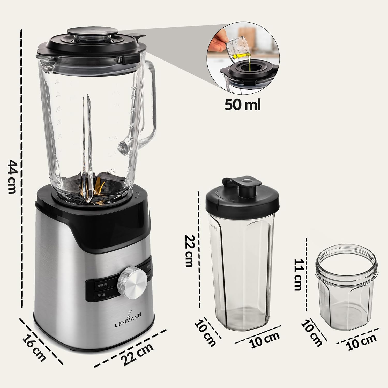 LEHMANN Standmixer 3-in-1 mit Glasbehälter 1,7 L, To-Go-Trinkflasche & Mahlwerk, 10 Geschwindigkeiten, Pulse, 3 Programme für Smoothie, Milchshake, Ice Crush, spülmaschinenfeste Teile, 1400 W – Bild 3