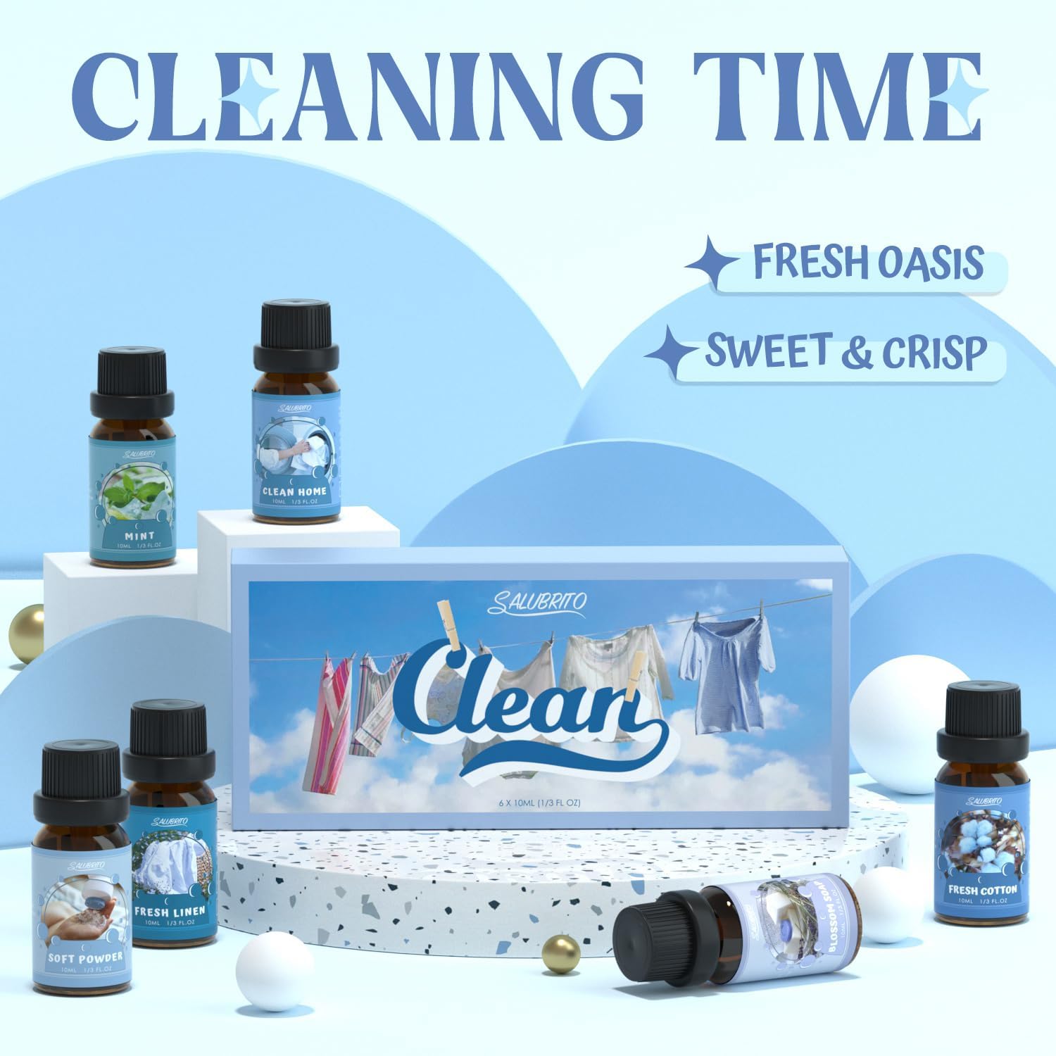 SALUBRITO Clean Essential Oils Set, natürliches, reines Aromatherapie-Duftöl für Diffusor, Kerzenherstellung, saubere Baumwolle, frische Bettwäsche, sauberes Zuhause, Pulver, Blumenseife, Minze – Bild 5