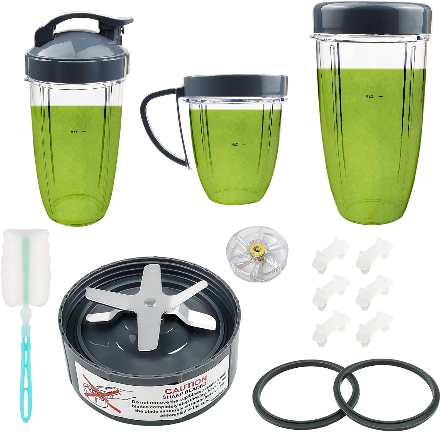14-teilige Mixer-Ersatzteile, Absaugklinge und Becher für die NutriBullet 600w- und 900w-Serie, einschließlich Stoßdämpfer und Getriebe (1 Messer + 3 Becher + 1 Deckel)