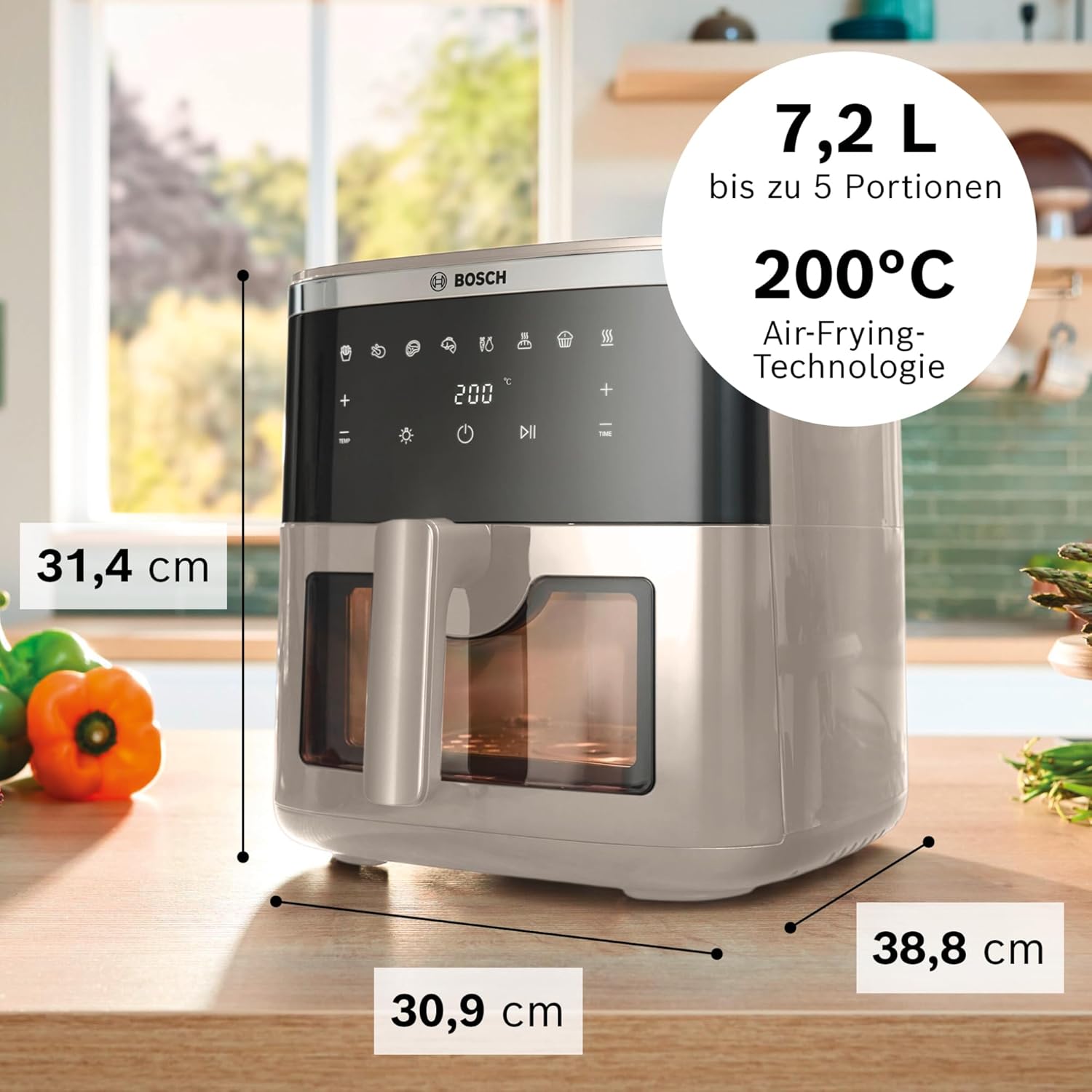 Bosch Heißluftfritteuse Serie 6, XXL-Luftfritteuse, Creme, 7,2 l Fassungsvermögen, beleuchtetes Sichtfenster, 7 voreingestellte Programme, bis zu 65 % schnelleres Garen, MAF671C0 – Bild 2