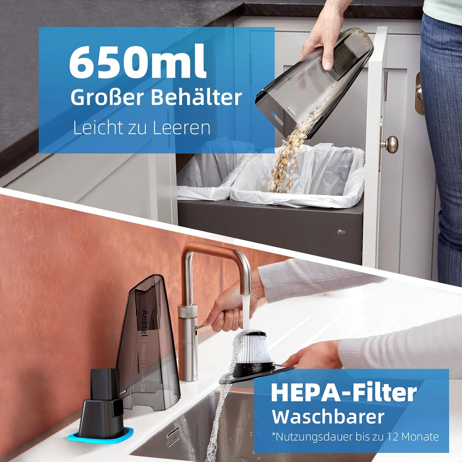 Anktel PowerClean2300 Handstaubsauger Testsieger mit Ladestation, Handstaubsauger, kabellos, nass & trocken, mit waschbarem HEPA-Filter, Handstaubsauger, beutelloser Staubsauger, Ersatzfilter – Bild 7