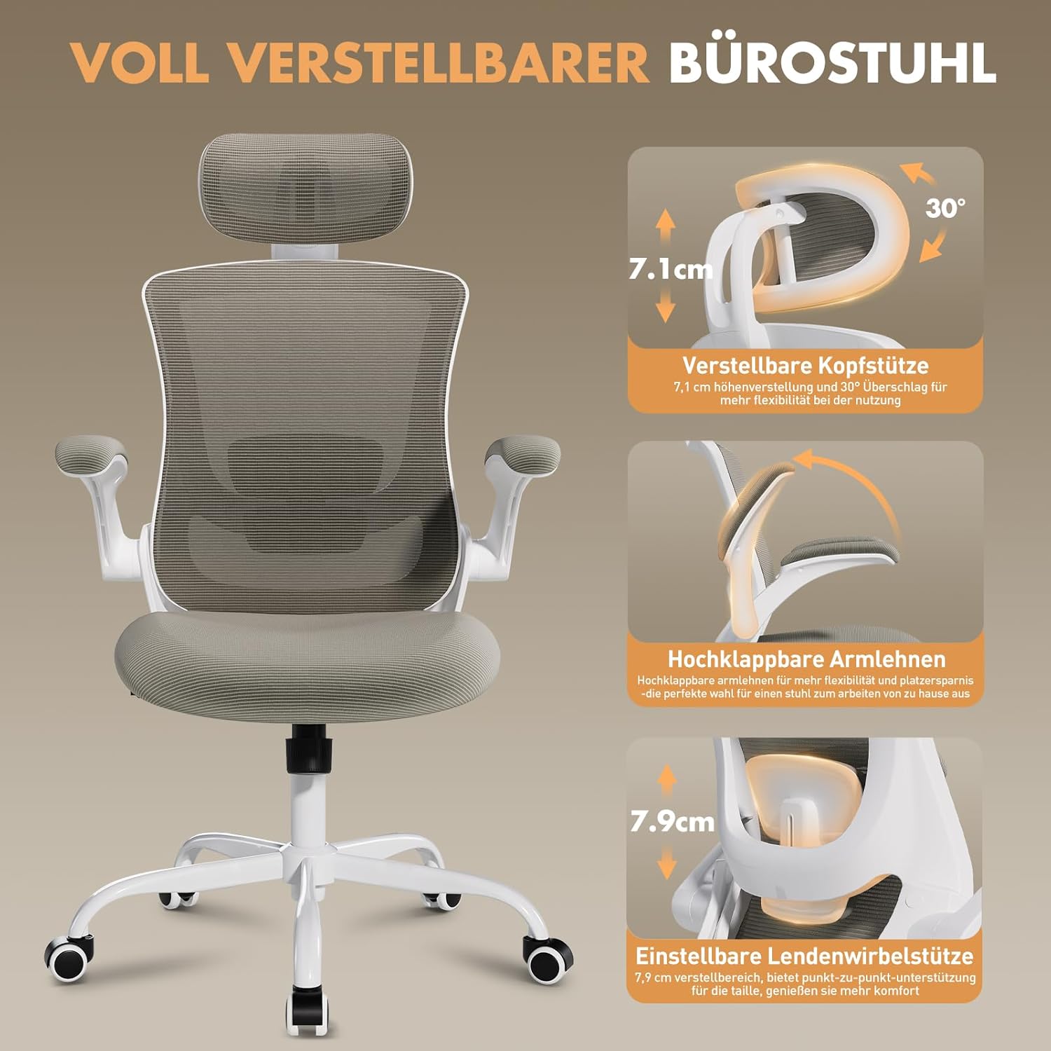 COLAMY Bürostuhl, Netz-Computerstuhl mit verstellbarer Kopfstütze und Lordosenstütze, ergonomischer Arbeitsstuhl mit hochklappbarer Armlehne, 140°-Wippfunktion, Khaki – Bild 7