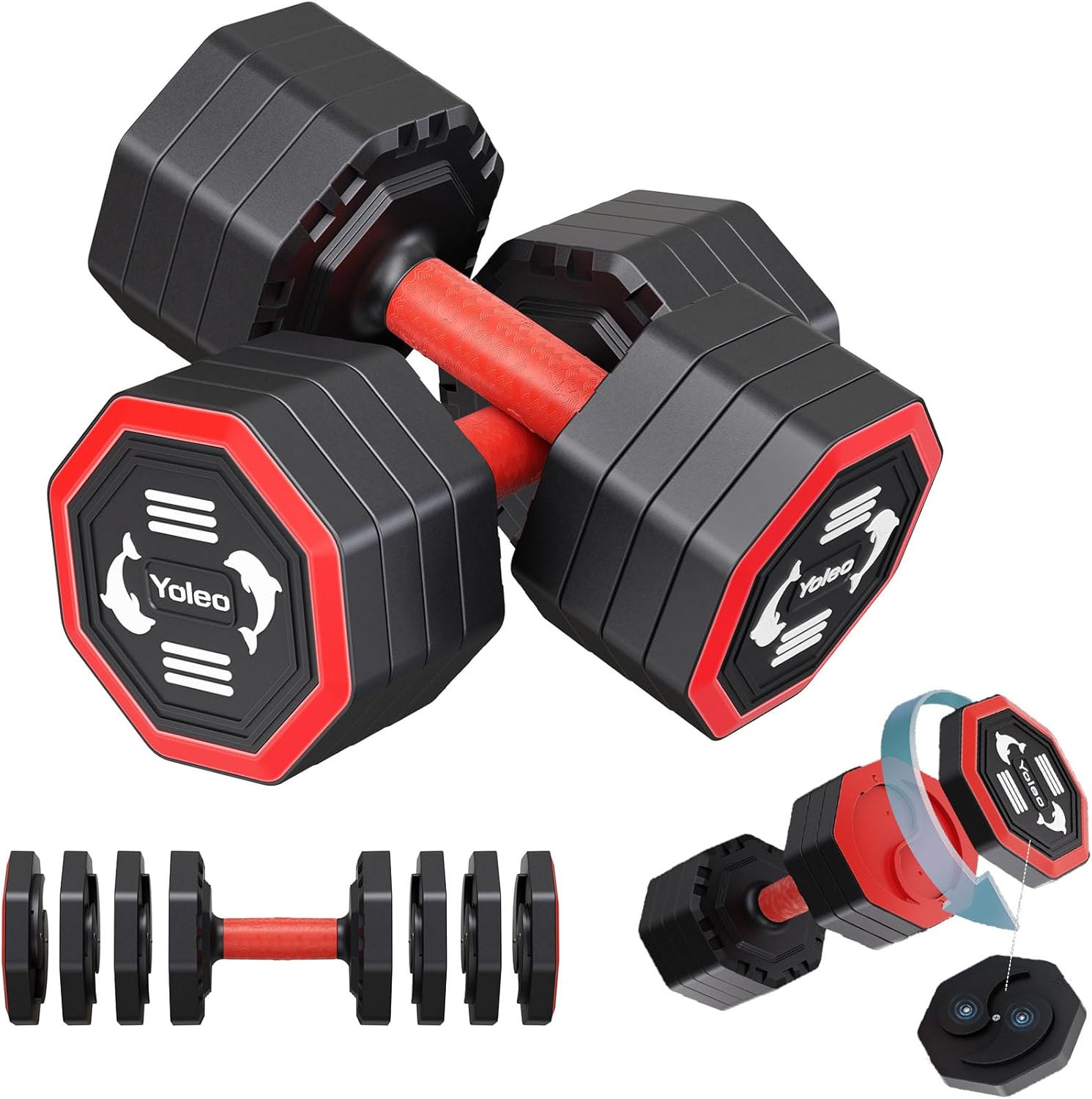 Yoleo Hantelset Verstellbare Hanteln, Adjustable Dumbbell Set 4 in 1 Premium Drehbare Befestigungsart Gewichte Tai-Chi-Stil 2/4/6/8/10/20/KG Kombinieren Sie es mit einem weichen TPU-Gummigriff
