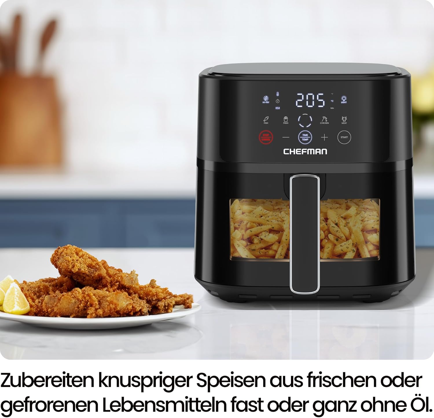 Chefman Heißluftfritteuse, 5,7 l kompakte Heißluftfritteuse, mit Hi-Fry-Technologie, Sichtfenster, Touch-Bedienung, Antihaftbeschichtung und spülmaschinenfest, Schwarz – Bild 2