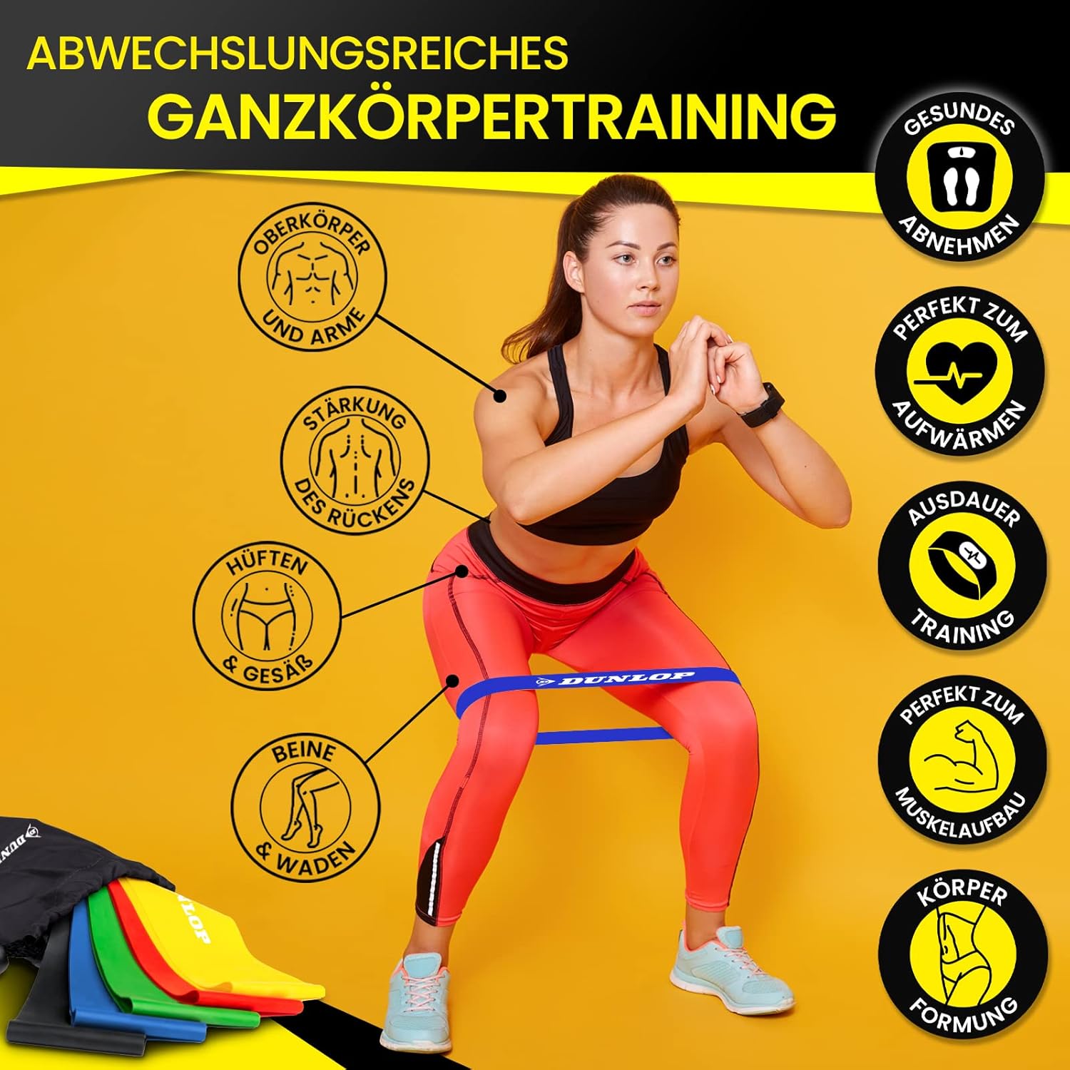 Dunlop Fitness Band Fitnessbänder Set – 5 Widerstandsbänder für schnelle Krafttrainingserfolge – Premium Widerstandsbänder in 5 Stufen als LongLife+ Latexbänder Set – Bild 5