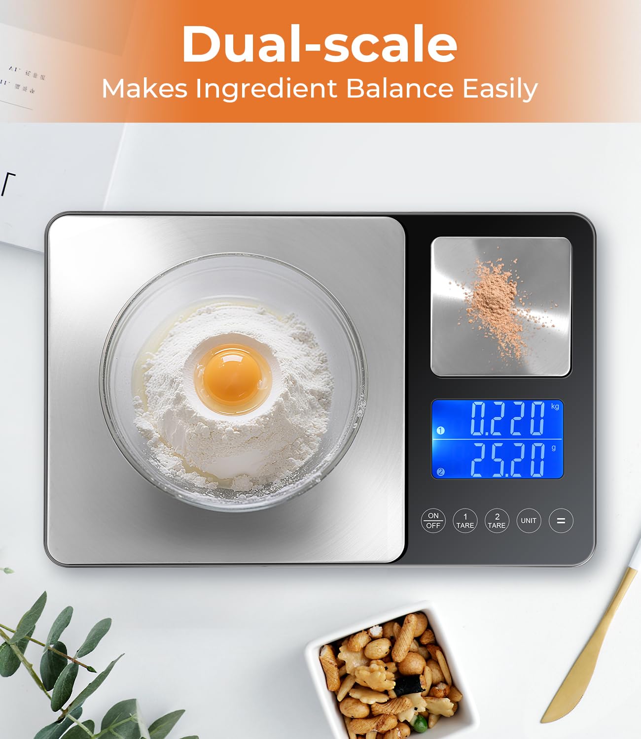 Doppelplattform-Digitalwaage (10 kg/1 g & 500 g/0,01 g), USB-Aufladung und Batteriebetrieb, Edelstahl, Tara-Funktion, LCD-Display, 7 Gewichtseinheiten, ideal zum Backen und Kochen – Bild 2