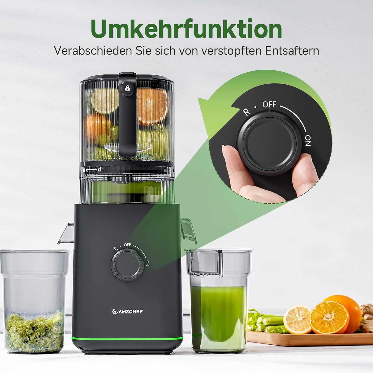 AMZCHEF Slow Juicer Entsafter für ganze Früchte & Gemüse, 155 mm XXL-Einfüllöffnung, Kaltpress-Entsafter mit hoher Saftausbeute, 2 Filter, 2,5 L Behälter, leise & leicht zu reinigen, schwarz – Bild 4