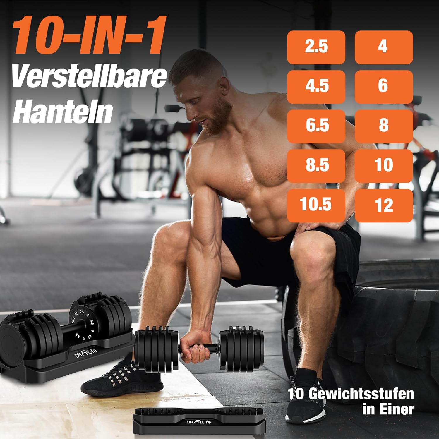 DH FitLife 12 kg / 25 kg verstellbare Kurzhanteln 2,5-12 kg / 4-25 kg mit 10 Gewichtsstufen, Kurzhantel-Set mit Hantelscheiben, variable Gewichte 10 in 1 – Bild 2