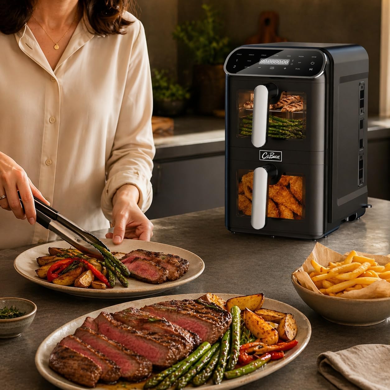 Heißluftfritteuse, 2 Kammern, 11 l, 2 x 5,5 l Airfryer Double Stack mit Sichtfenster, SYNC & DUAL, 9 Programme inklusive DIY, schwer entflammbares V0-Material, 2460 W, spülmaschinenfest – Bild 7