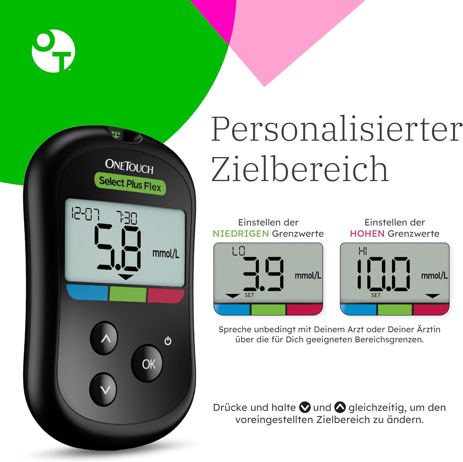 OneTouch Select Plus Flex Blutzuckermessgerät (mmol/L) | 1 Meter, 10 Teststreifen, 1 Stechhilfe, 10 Lanzetten und 1 Etui – Bild 7